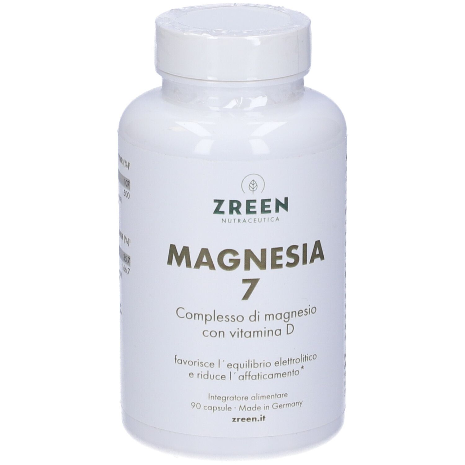 Flacone bianco di Zreen Magnesia 7. Scritta: Magnesia 7, complesso con vitamina D. 90 capsule.