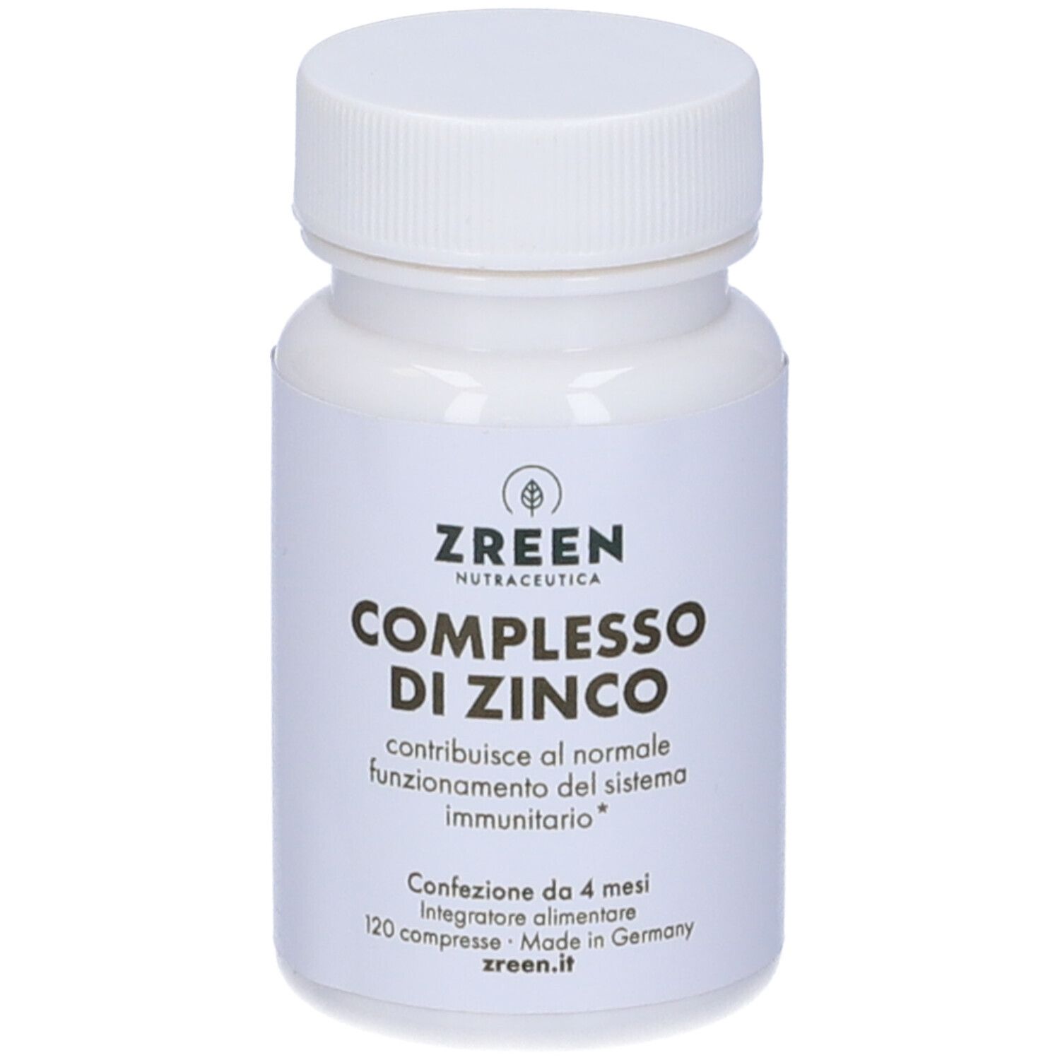 Flacone bianco con "ZREEN NUTRACETICA COMPLESSO DI ZINCO". Contiene 120 compresse. Prodotto in Germania.