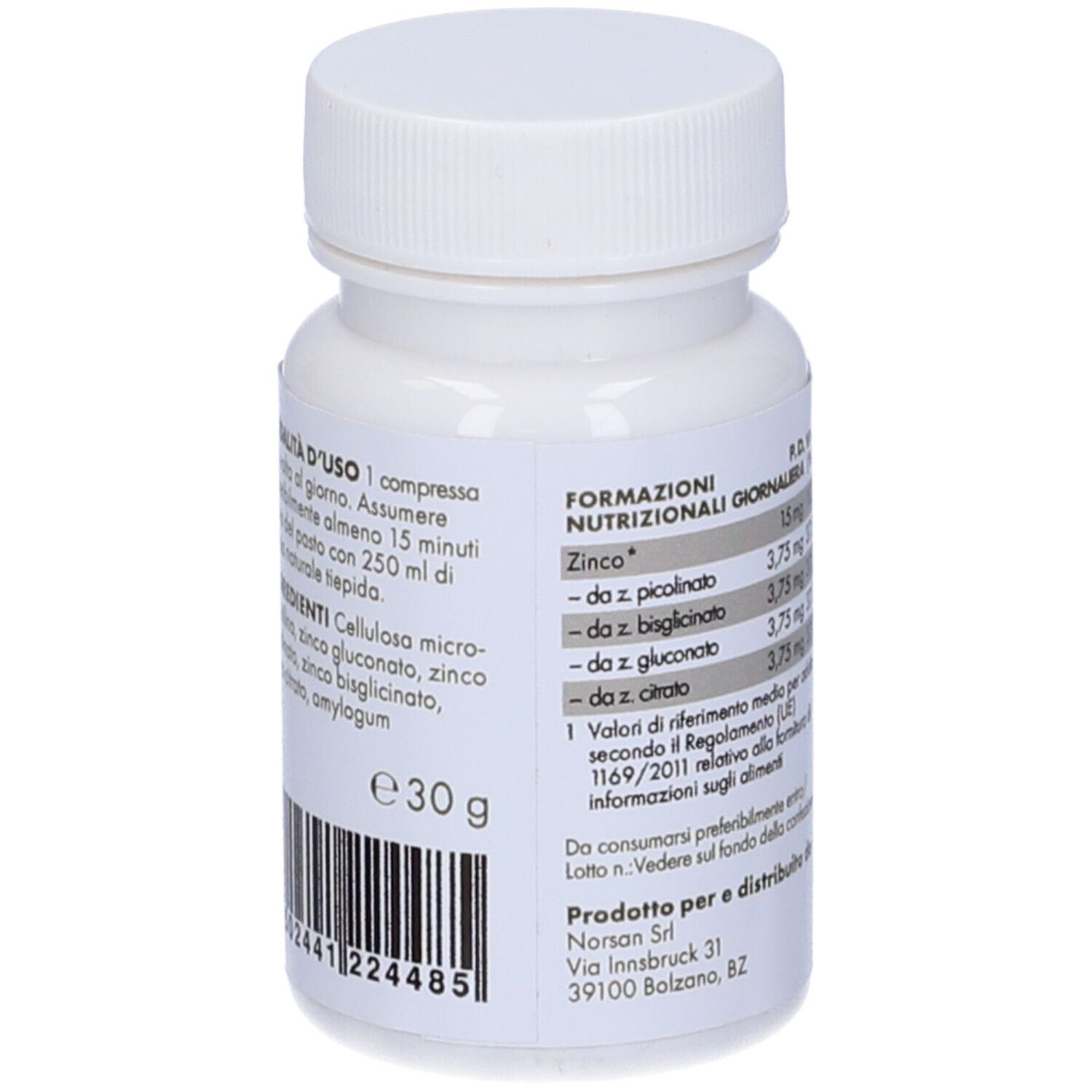 Flacone bianco con ingredienti e modalità d'uso. Contiene 30g. Codice a barre presente.