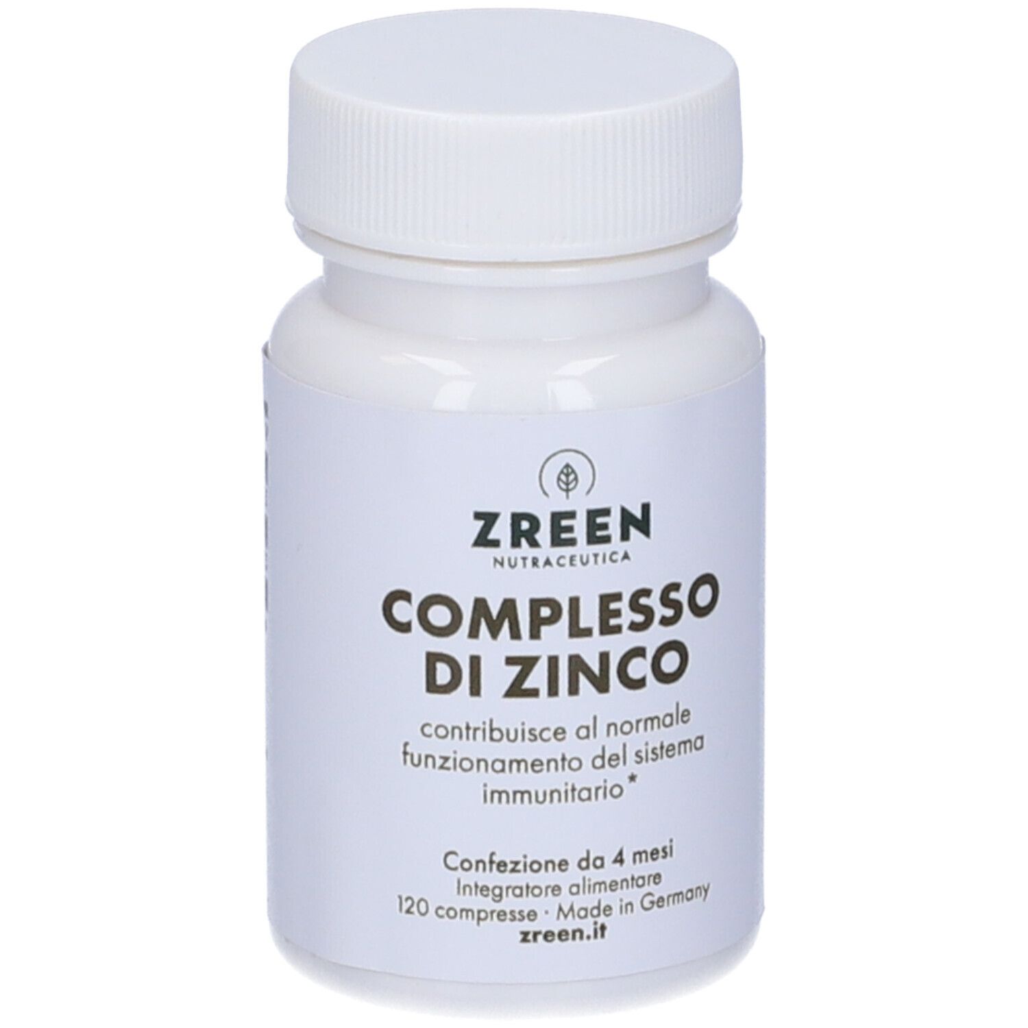 Flacone bianco con "ZREEN NUTRACETICA COMPLESSO DI ZINCO". Contiene 120 compresse. Prodotto in Germania.