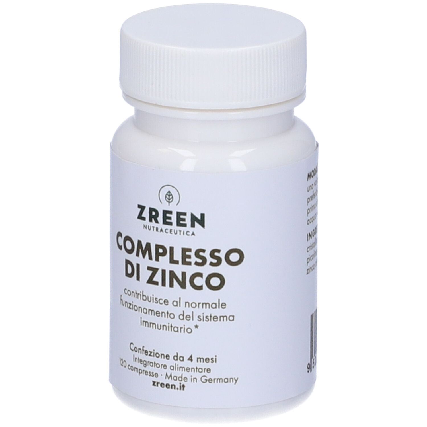 Flacone bianco con "ZREEN NUTRACETICA COMPLESSO DI ZINCO". Contiene 120 compresse. Prodotto in Germania.
