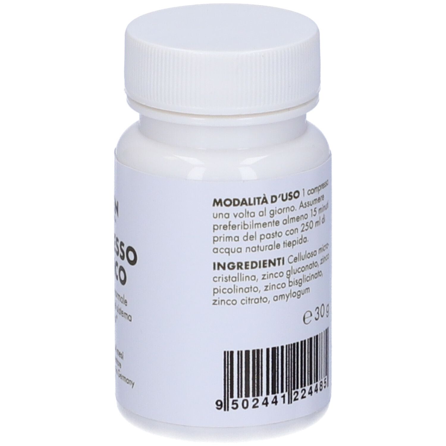 Flacone bianco con ingredienti e modalità d'uso. Contiene 30g. Codice a barre presente.