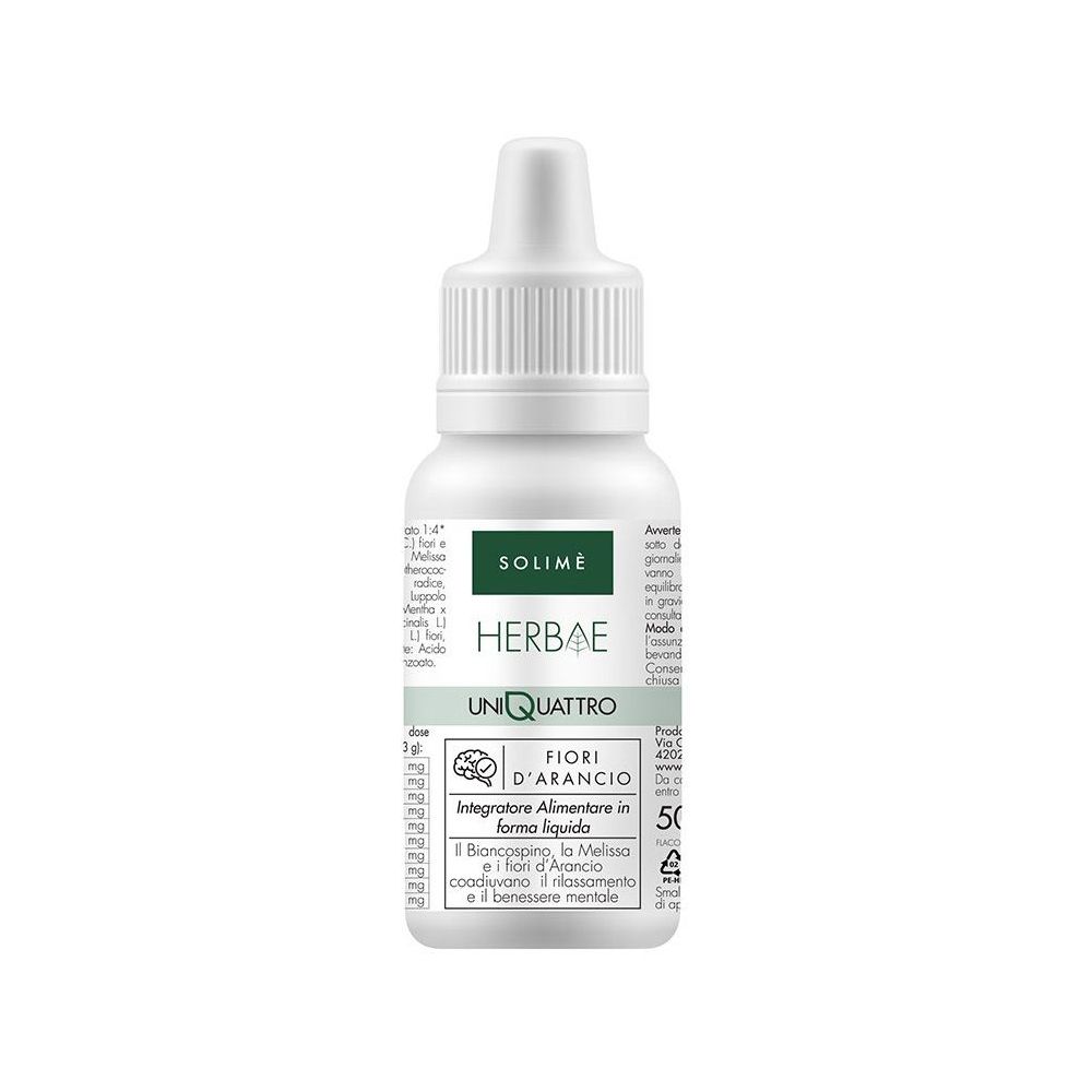 Flacone bianco con contagocce. Solimé Herbae Uniquattro Fiori d´Arancio Gocce. Etichetta verde con testo.