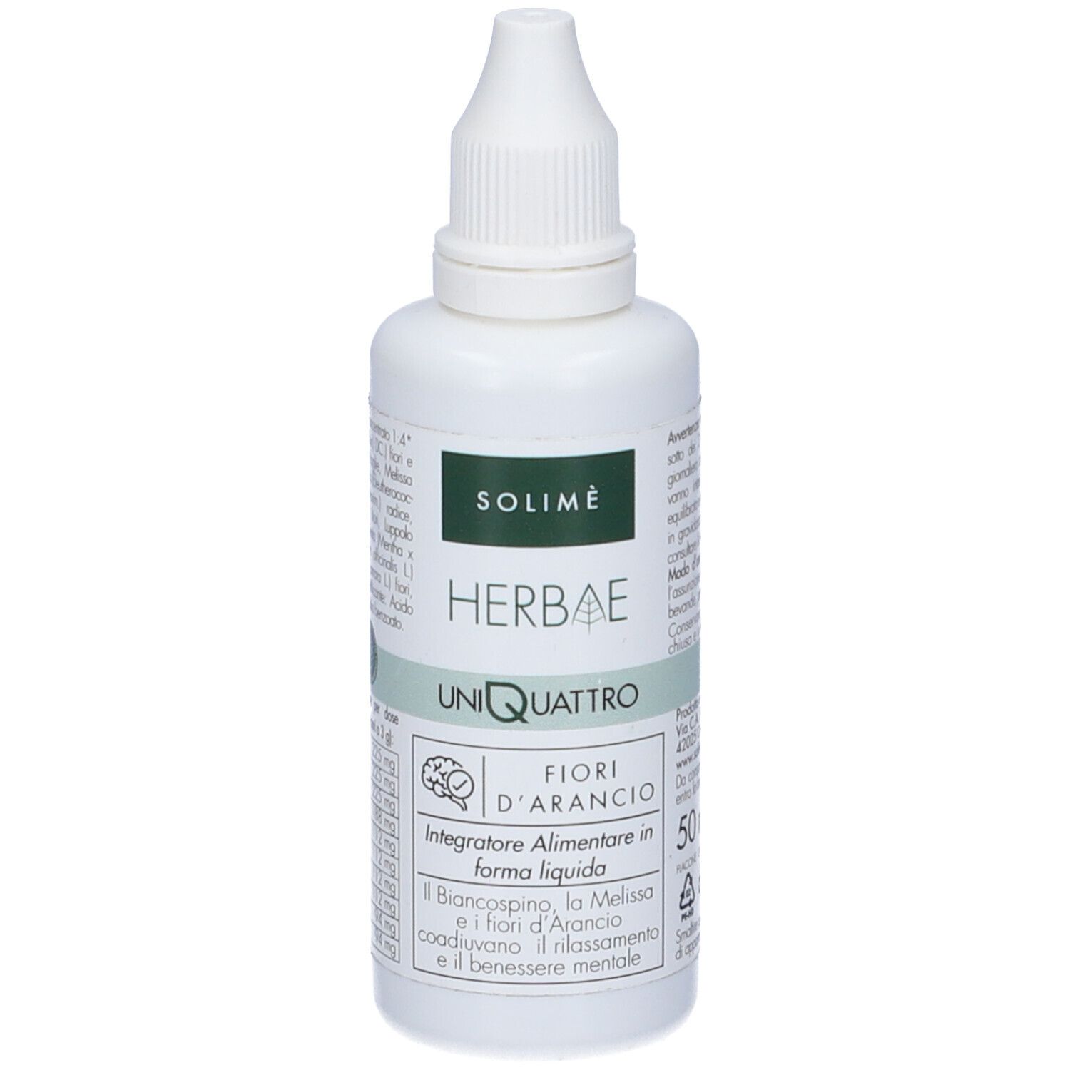 Flacone bianco con contagocce. Solimé Herbae Uniquattro Fiori d´Arancio Gocce. Etichetta verde con testo.