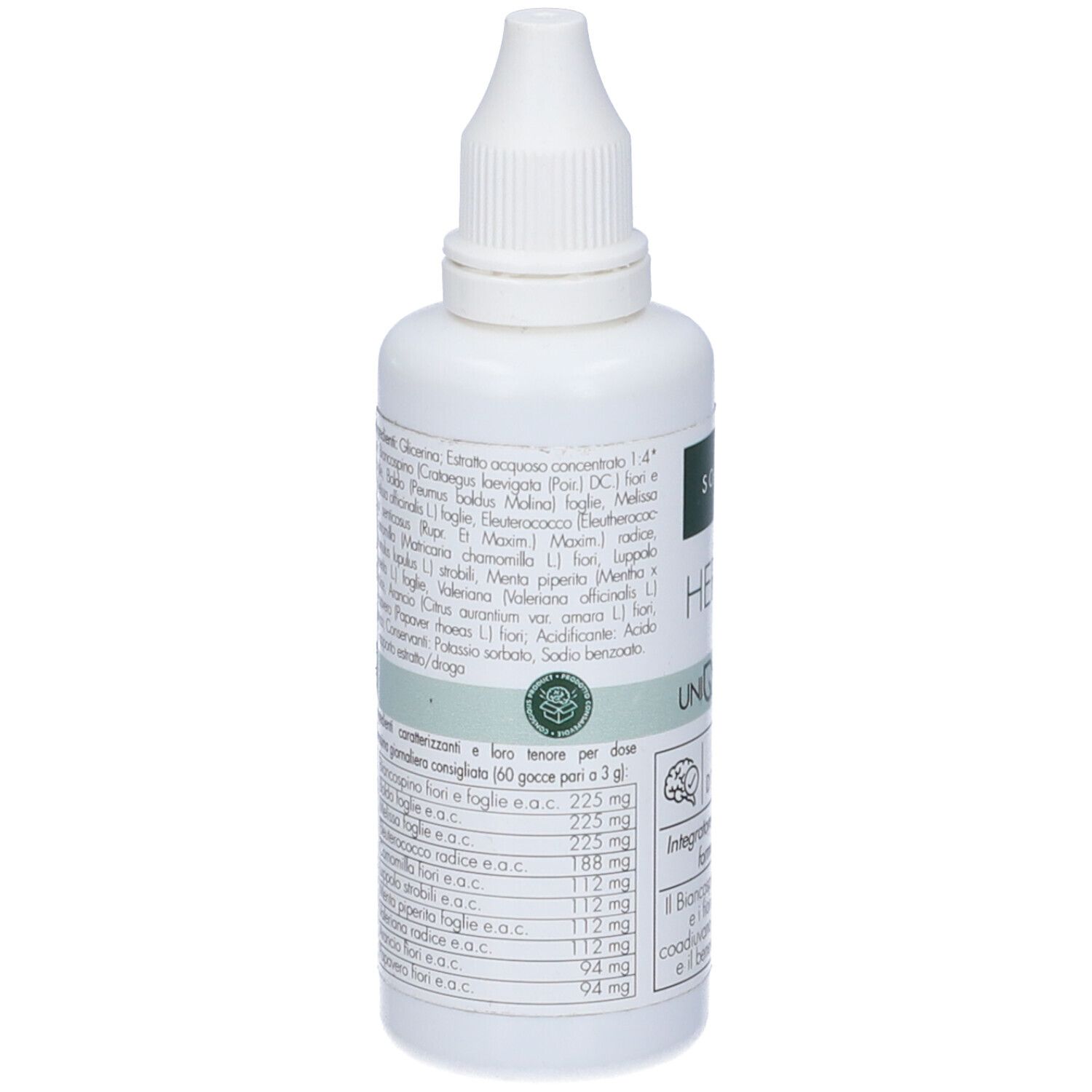 Flacone bianco con contagocce. Solimé Herbae Uniquattro Fiori d´Arancio Gocce. Etichetta verde con testo.
