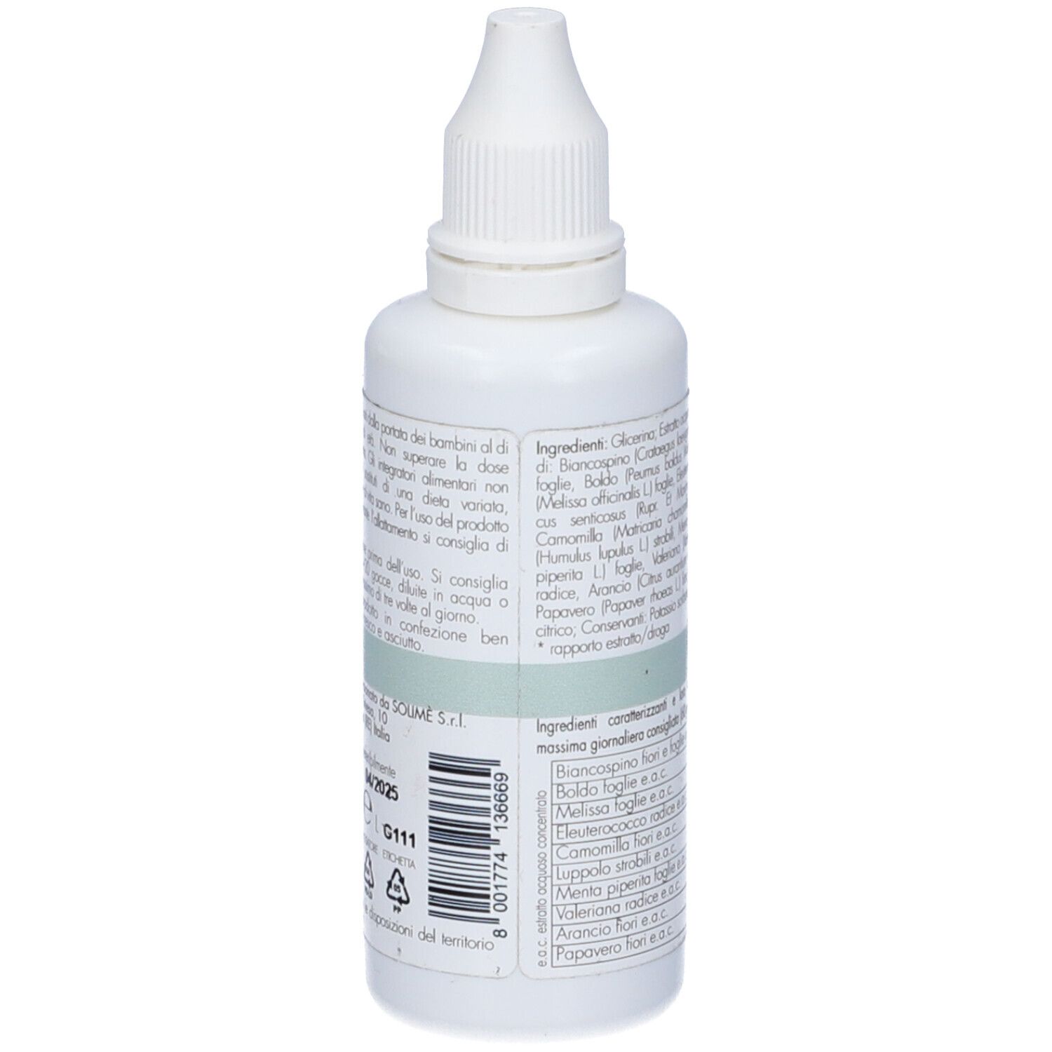 Flacone bianco con contagocce. Solimé Herbae Uniquattro Fiori d´Arancio Gocce. Etichetta verde con testo.