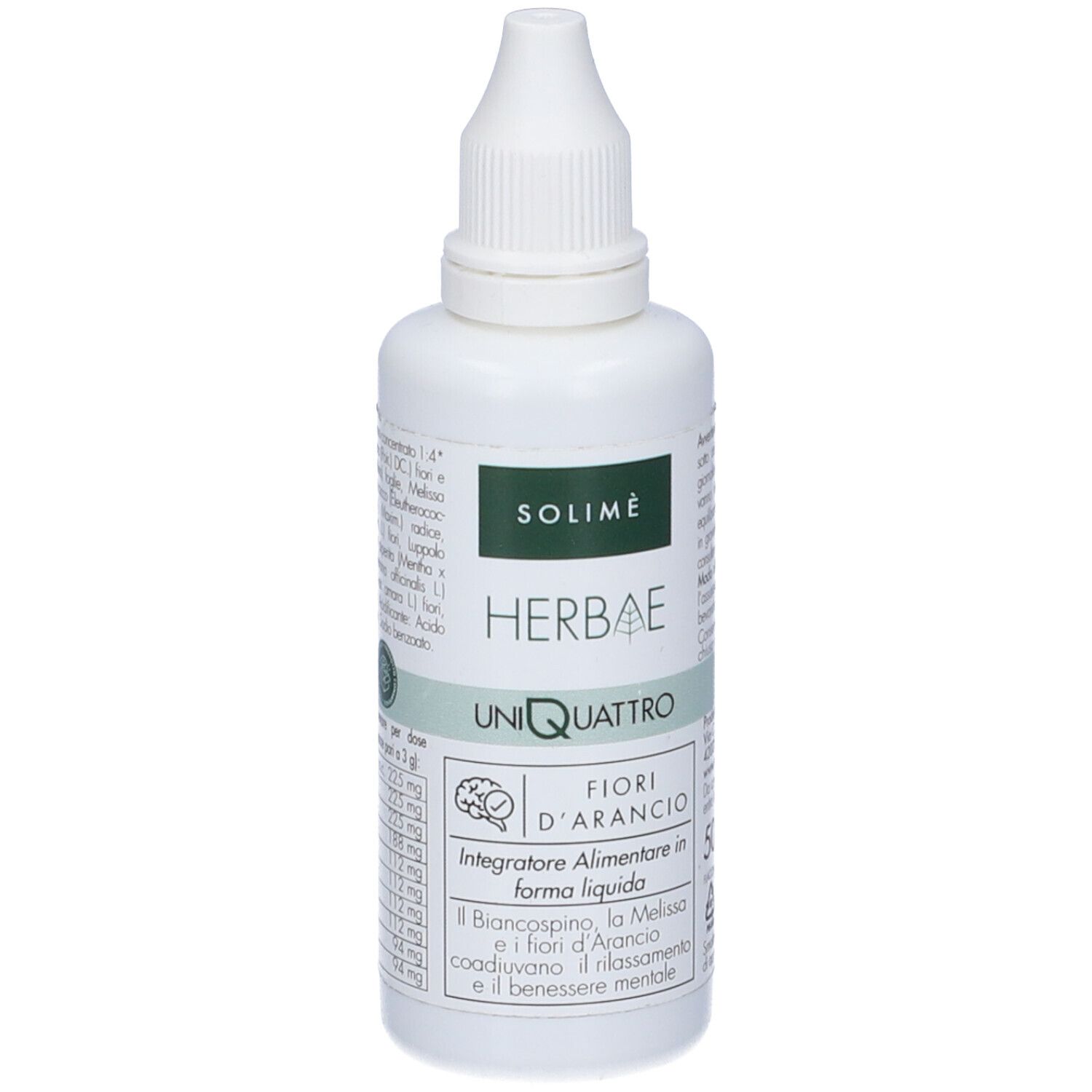 Flacone bianco con contagocce. Solimé Herbae Uniquattro Fiori d´Arancio Gocce. Etichetta verde con testo.