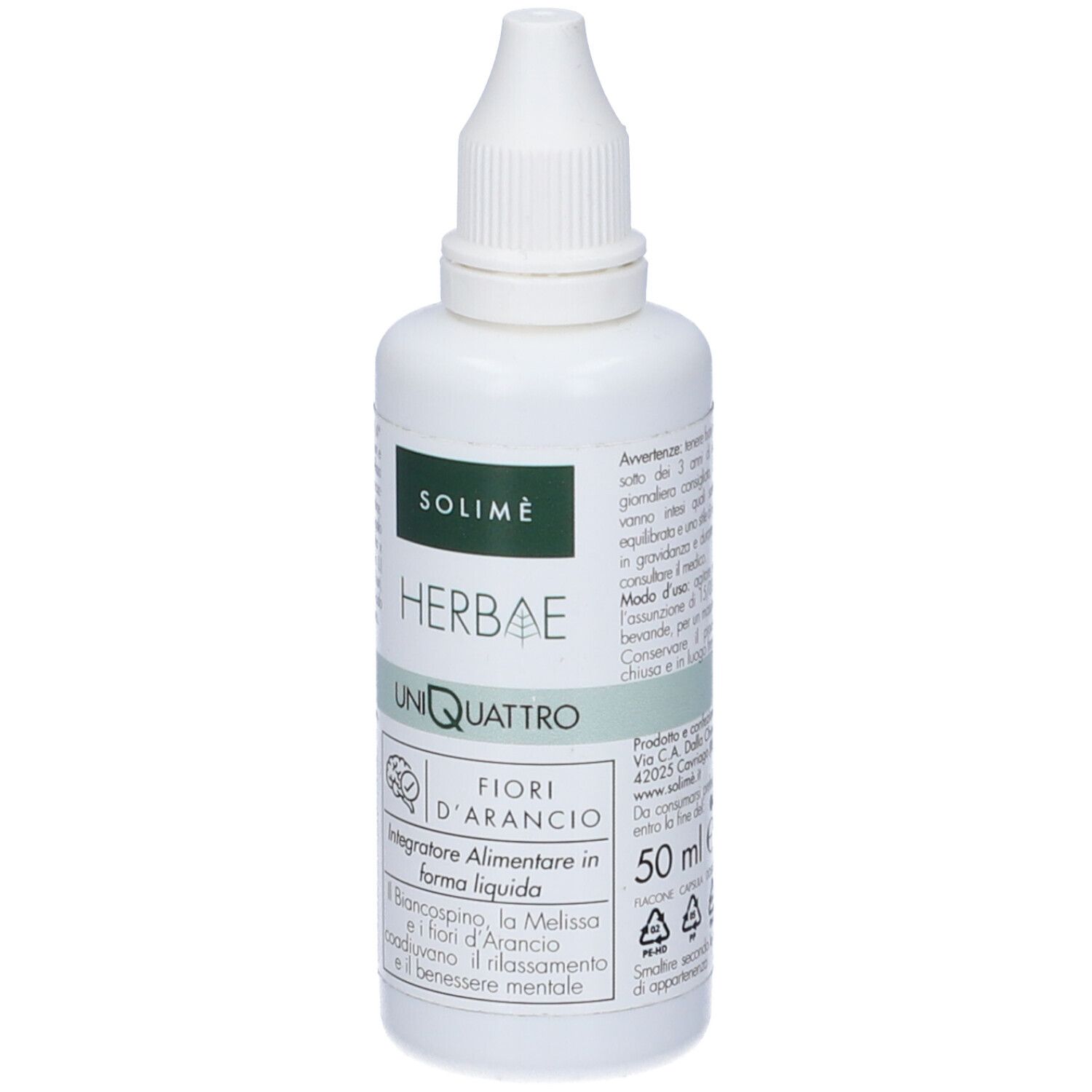 Flacone bianco con contagocce. Solimé Herbae Uniquattro Fiori d´Arancio Gocce. Etichetta verde con testo.