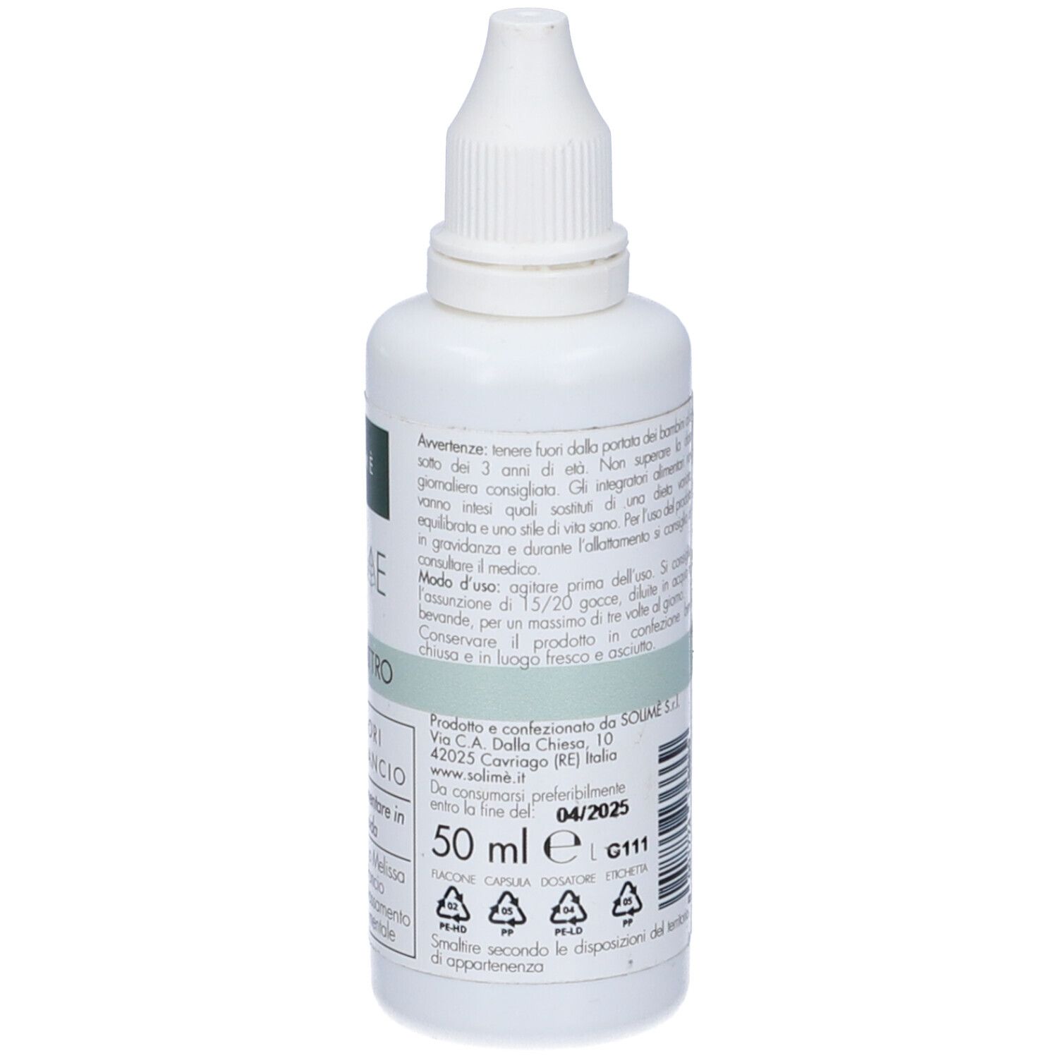 Flacone bianco con contagocce. Solimé Herbae Uniquattro Fiori d´Arancio Gocce. Etichetta verde con testo.