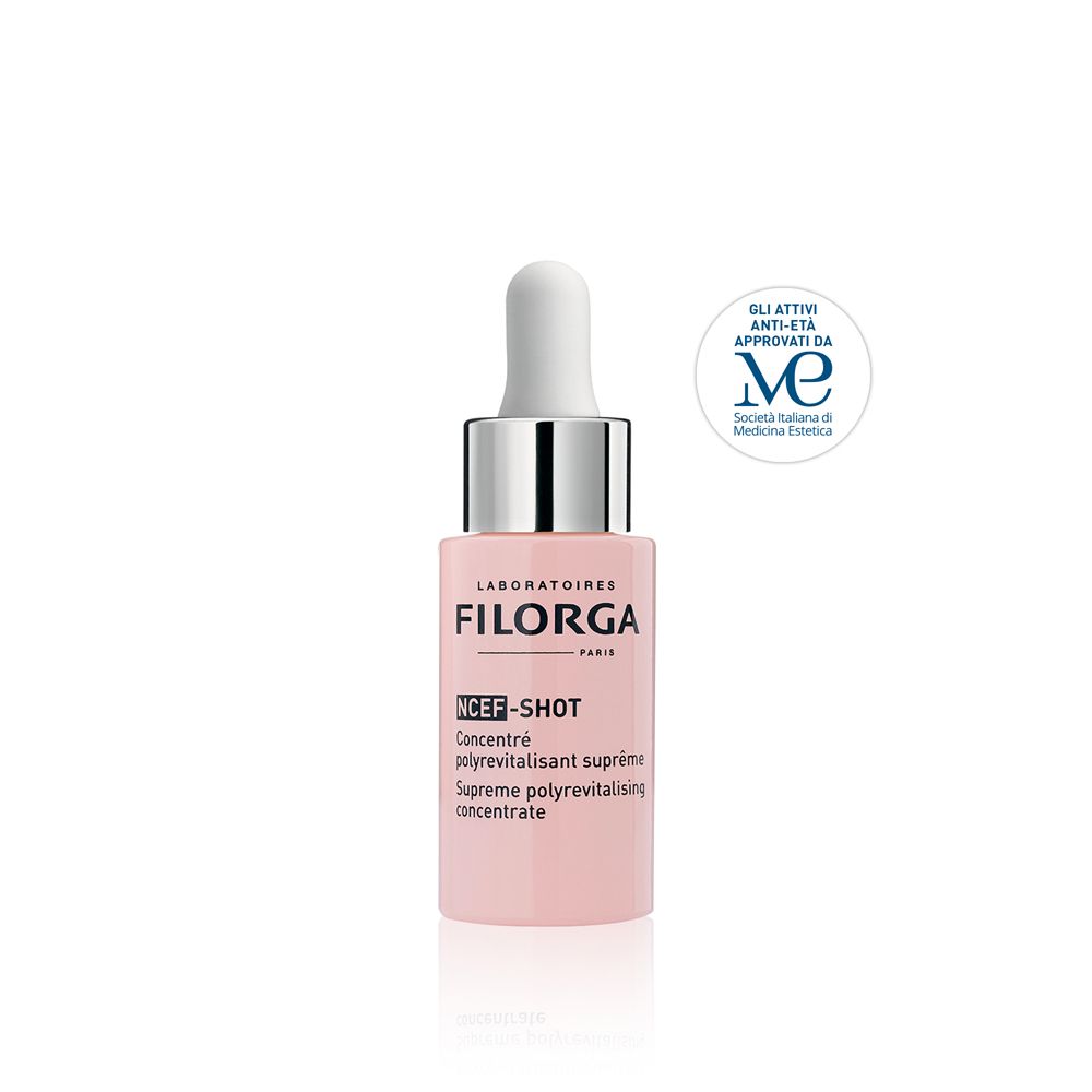 Flacone rosa con pipetta. Scritta: FILORGA, NCEF-SHOT. Logo: Società Italiana di Medicina Estetica.