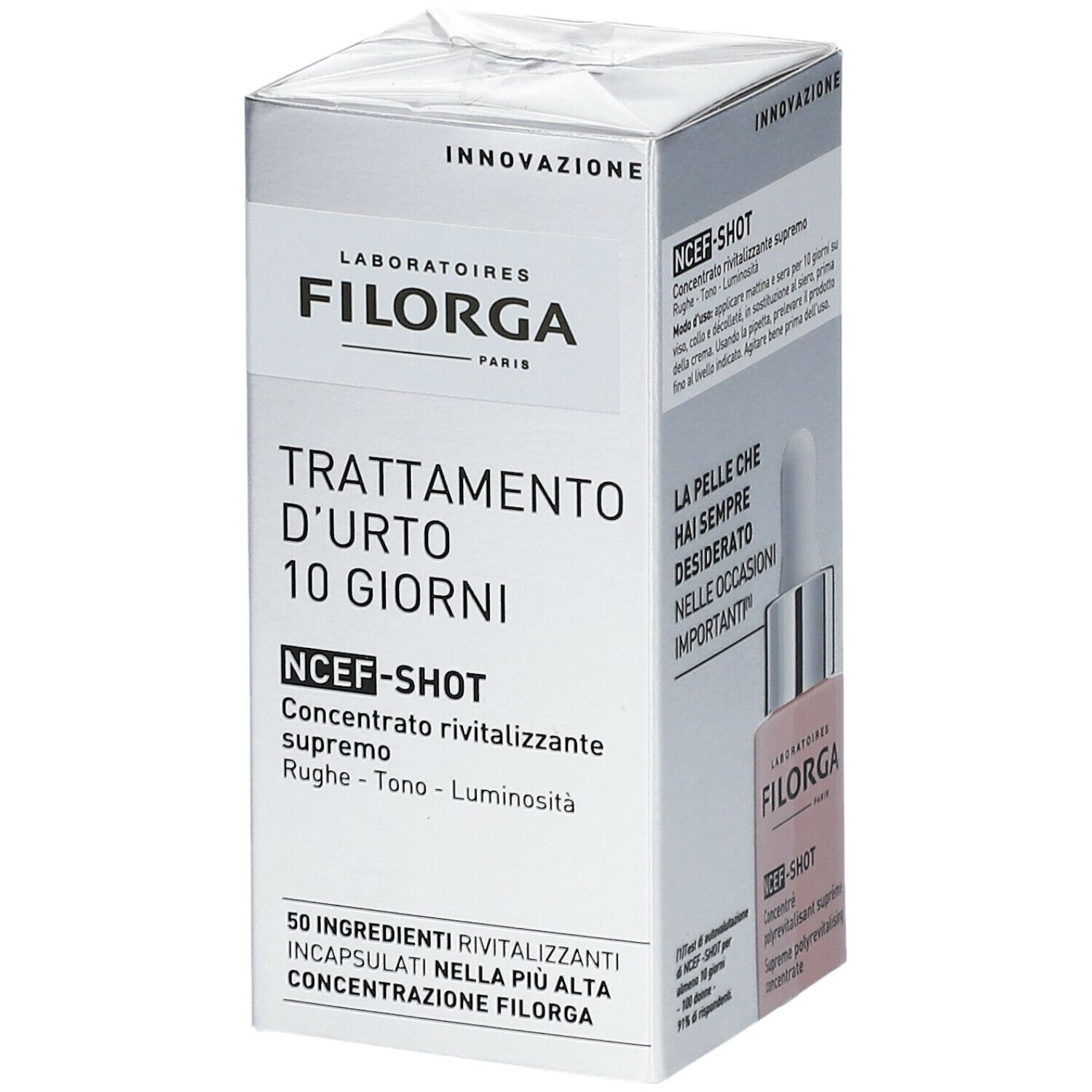 Confezione. Testo: TRATTAMENTO D'URTO 10 GIORNI. NCEF-SHOT. Flacone rosa illustrato.