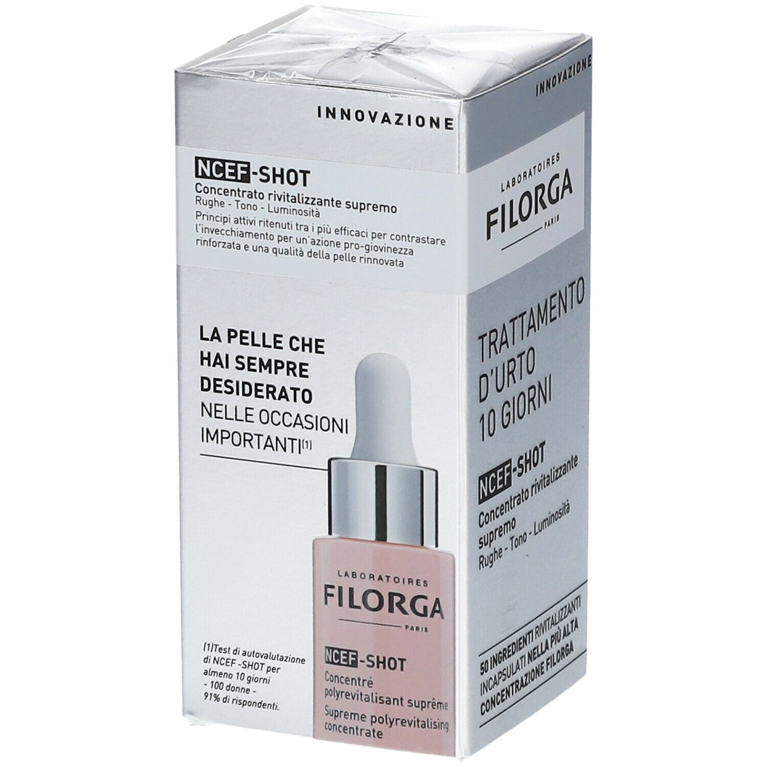 Confezione. Testo: TRATTAMENTO D'URTO 10 GIORNI. NCEF-SHOT. Flacone rosa illustrato.