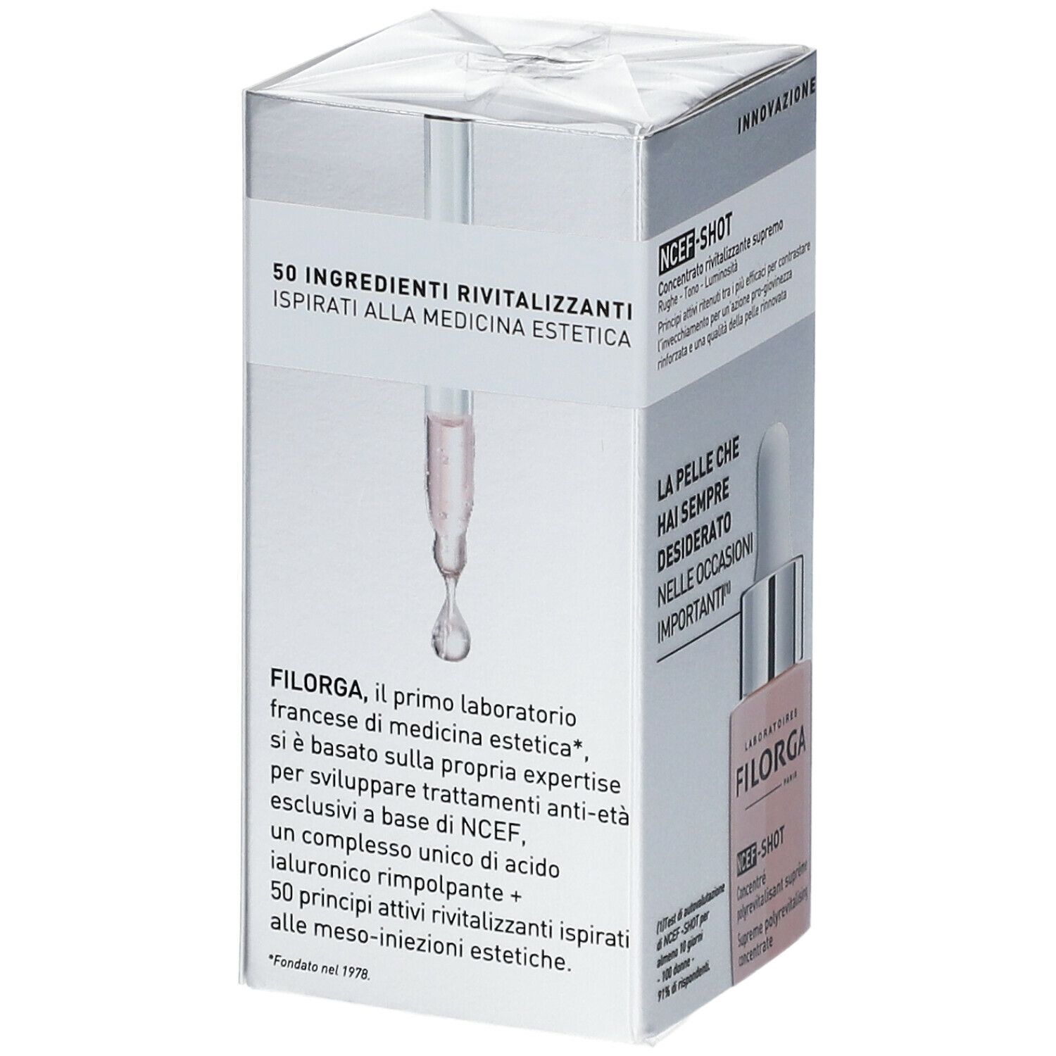 Confezione. Testo: 50 INGREDIENTI RIVITALIZZANTI. Illustrazione: pipetta con liquido.