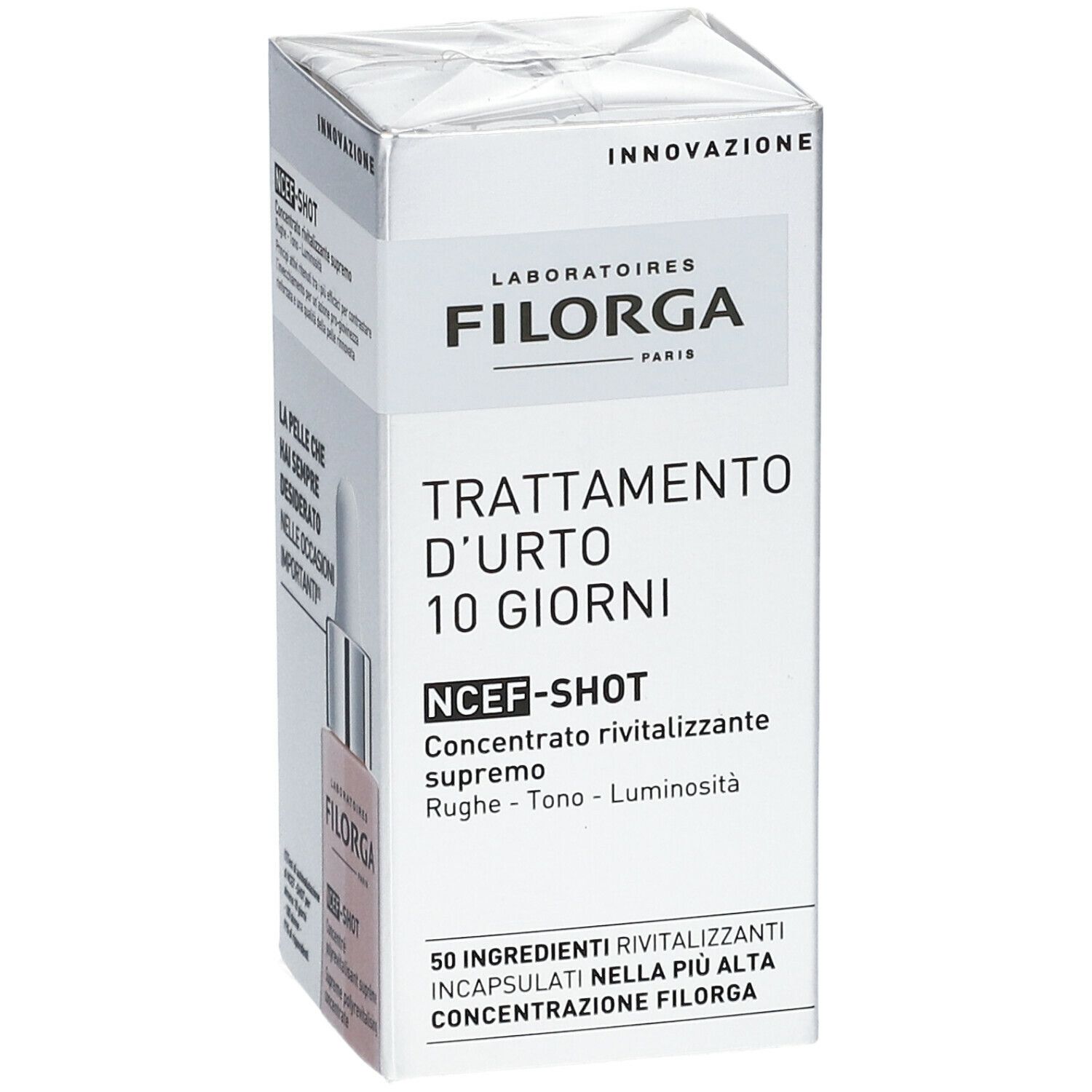 Confezione. Testo: TRATTAMENTO D'URTO 10 GIORNI. NCEF-SHOT. Sfondo bianco.