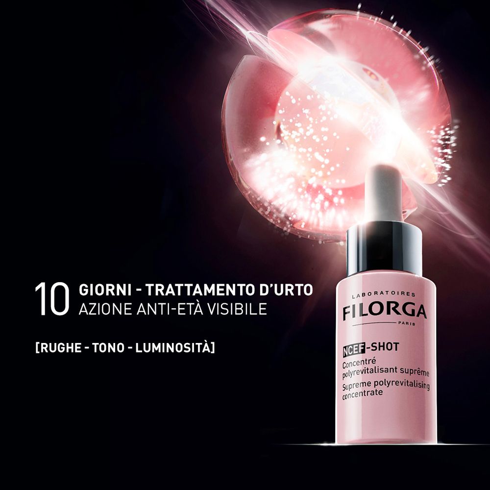 Flacone con pipetta. Testo: 10 GIORNI - TRATTAMENTO D'URTO. NCEF-SHOT. Sfondo con effetti luce.