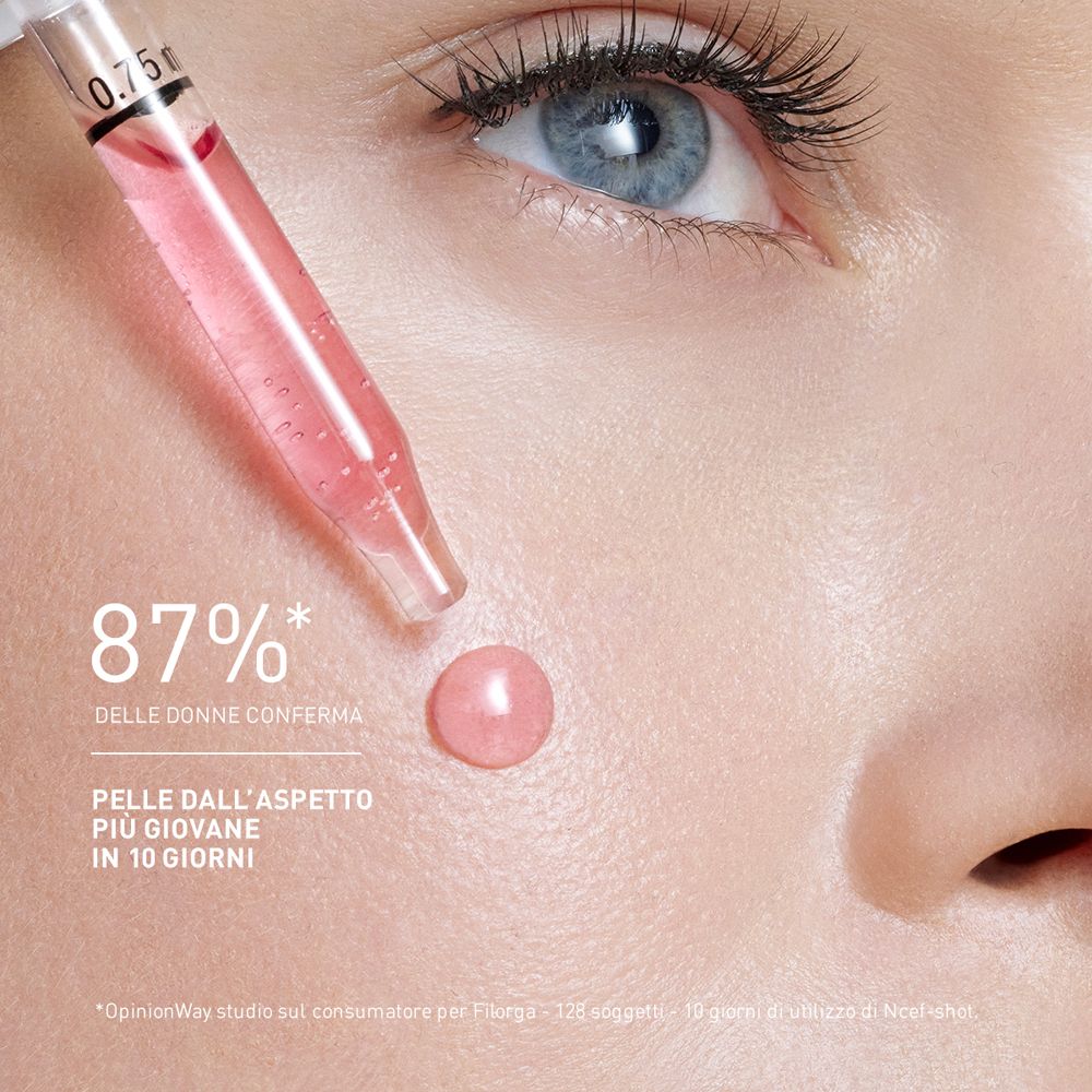 Pipetta con liquido. Testo: 87% delle donne conferma. Goccia su pelle. Sfondo: pelle.