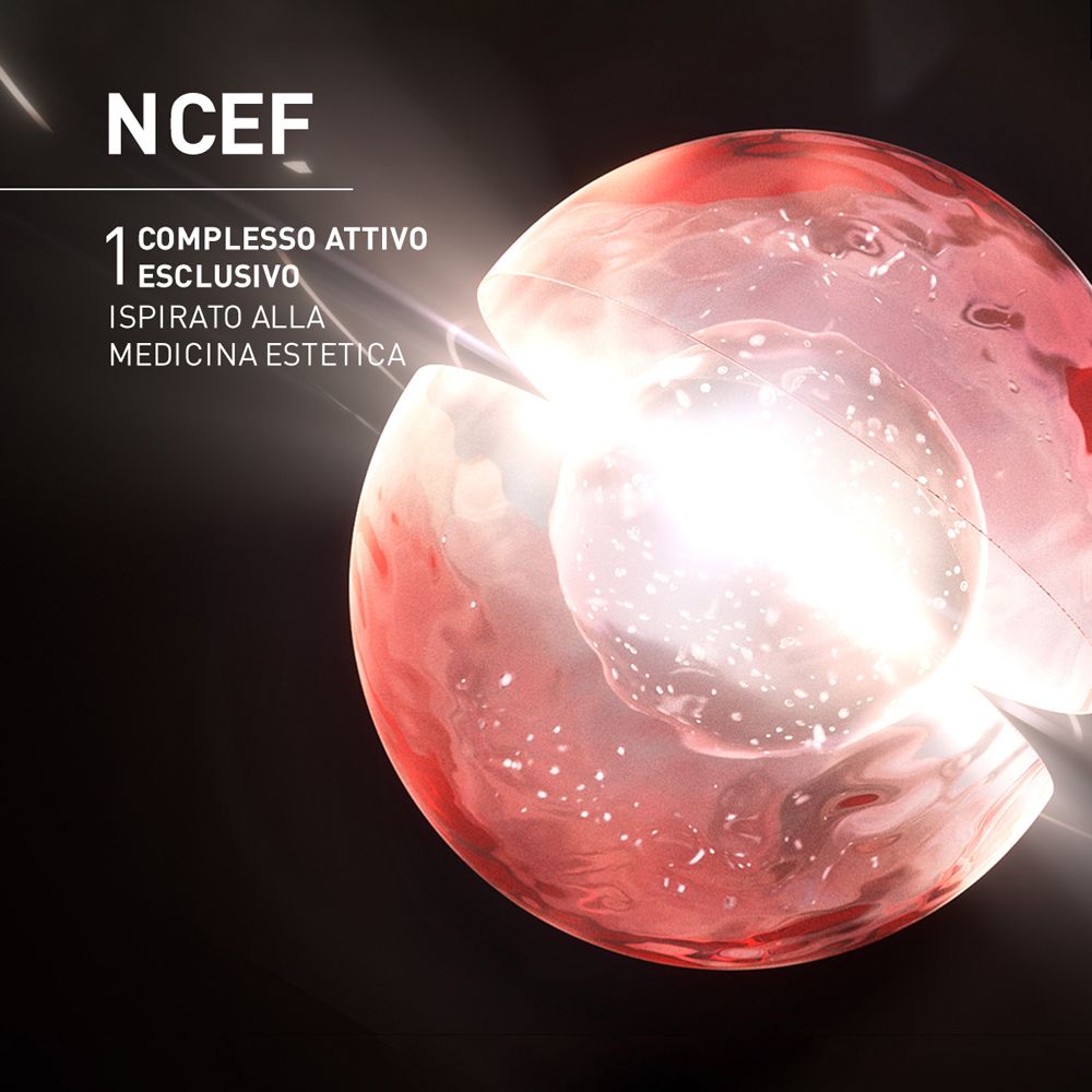 Rappresentazione astratta. Testo: NCEF. 1 COMPLESSO ATTIVO ESCLUSIVO. Sfondo: rosso e nero.