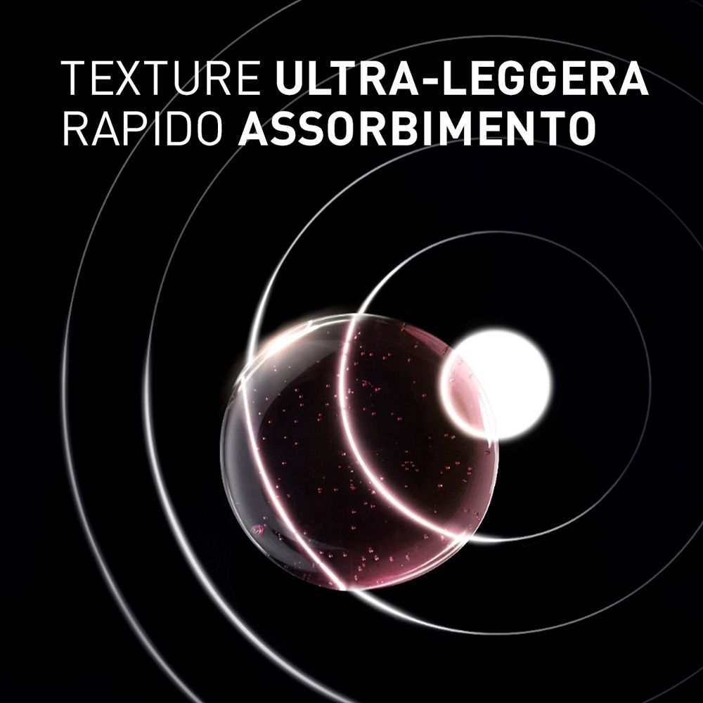 Rappresentazione astratta. Testo: TEXTURE ULTRA-LEGGERA RAPIDO ASSORBIMENTO. Sfondo: nero.