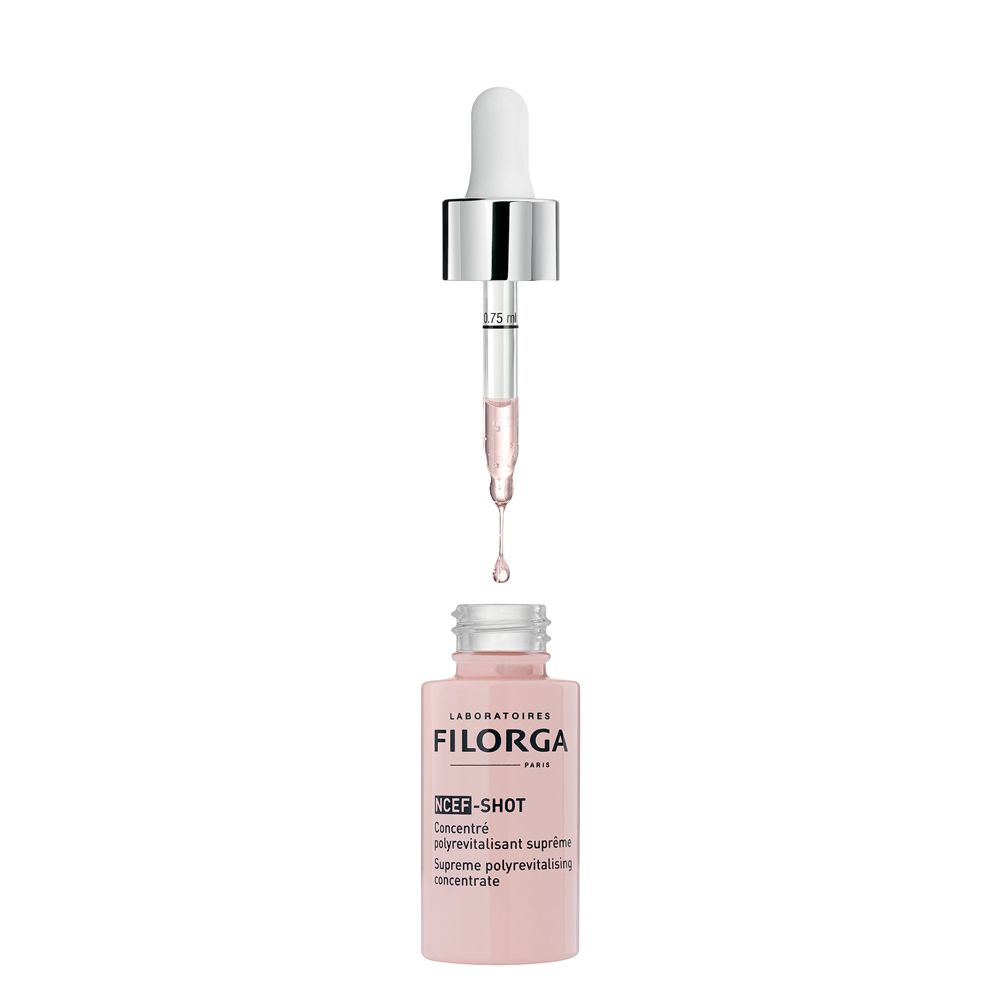 Flacone con pipetta. Liquido che gocciola. Testo: NCEF-SHOT. Flacone rosa.