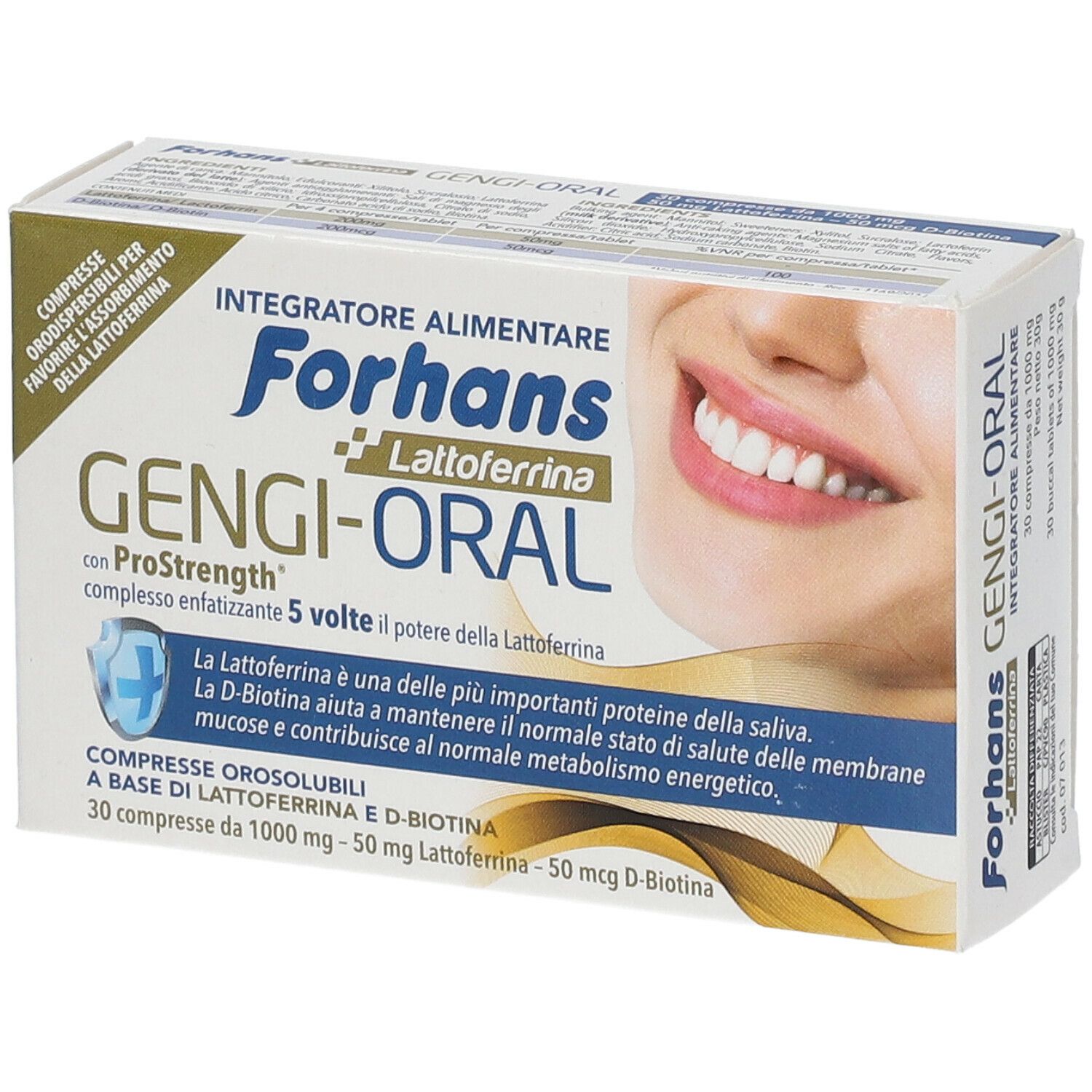 Scatola di compresse Forhans Gengi-Oral. Scritto: Lattoferrina, ProStrength, 30 compresse. Immagine di un sorriso.