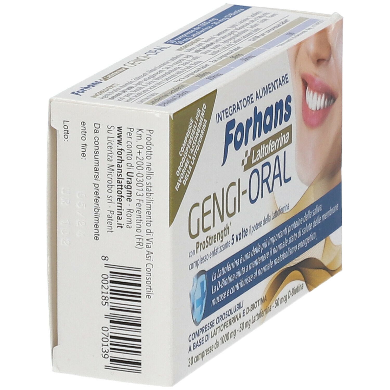 Scatola Forhans Gengi-Oral. Scritto: Lattoferrina, ProStrength, 30 compresse. Vista dettagliata della confezione.