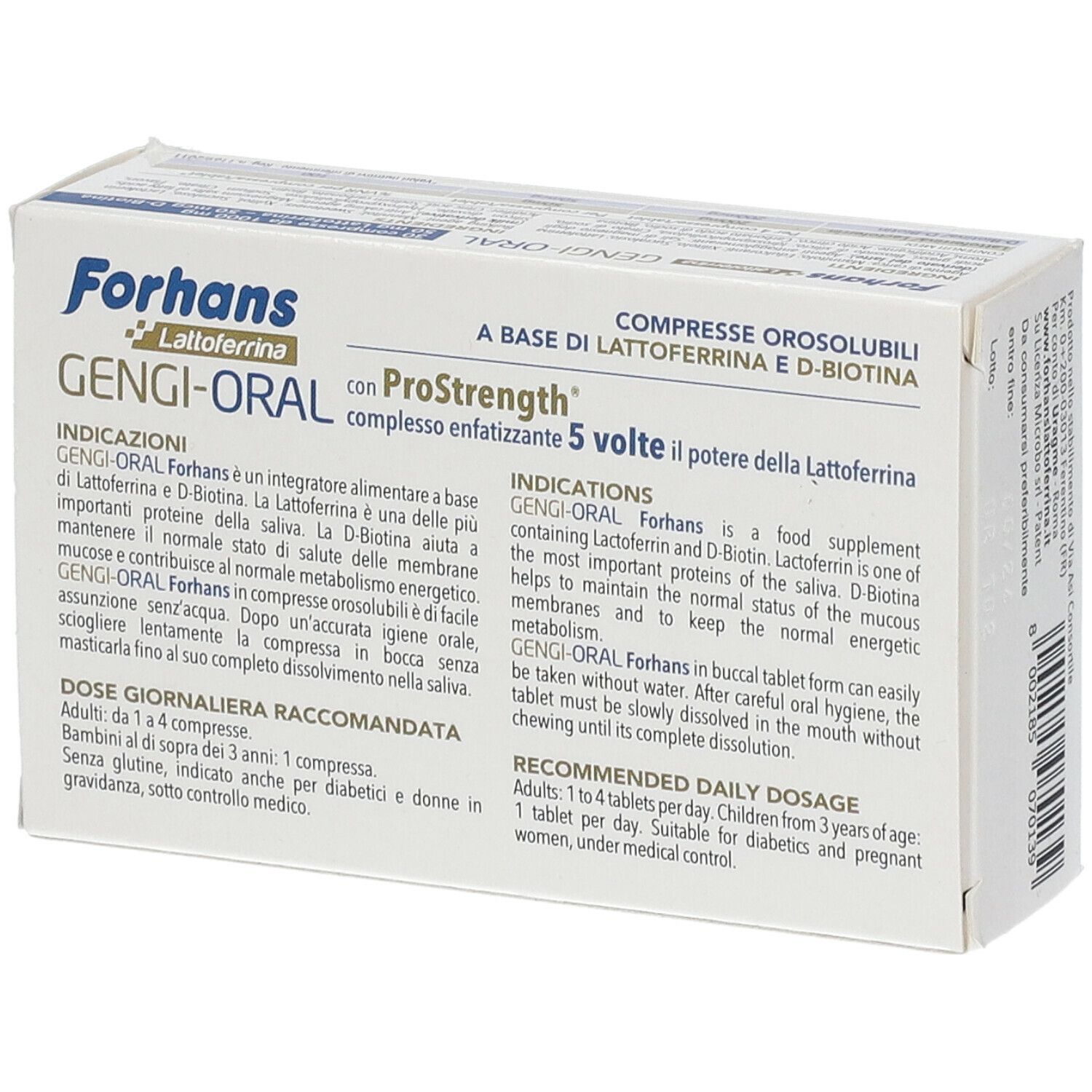 Scatola Forhans Gengi-Oral. Scritto: Lattoferrina, ProStrength, 30 compresse. Testo sull'uso.