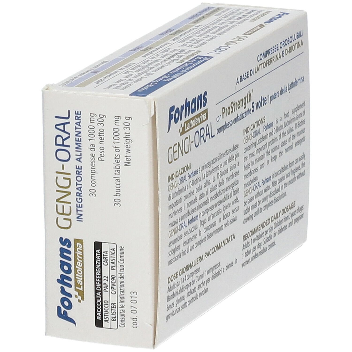 Scatola Forhans Gengi-Oral. Scritto: Lattoferrina, ProStrength, 30 compresse. Vista dettagliata della confezione.