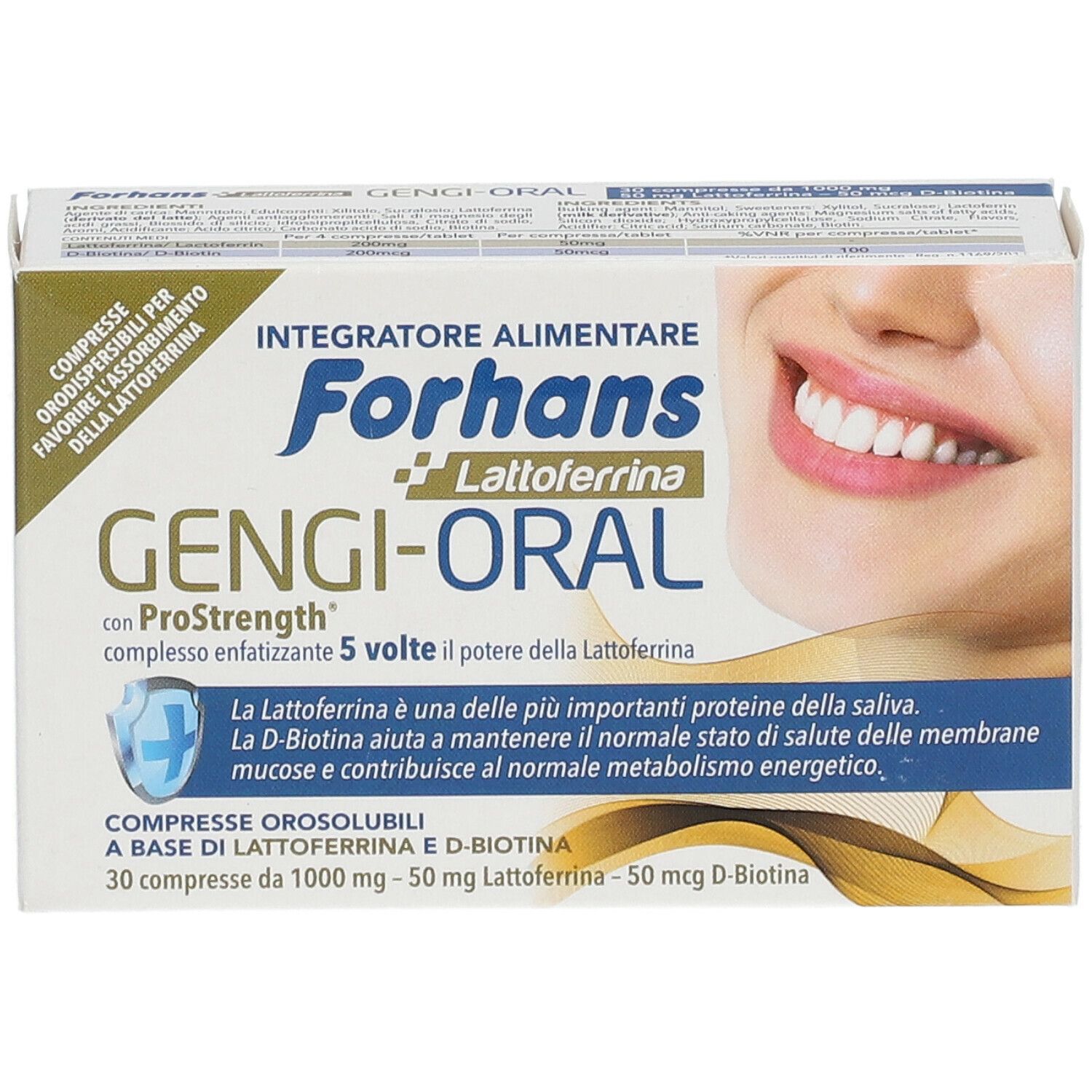 Scatola di compresse Forhans Gengi-Oral. Scritto: Lattoferrina, ProStrength, 30 compresse. Immagine di un sorriso.