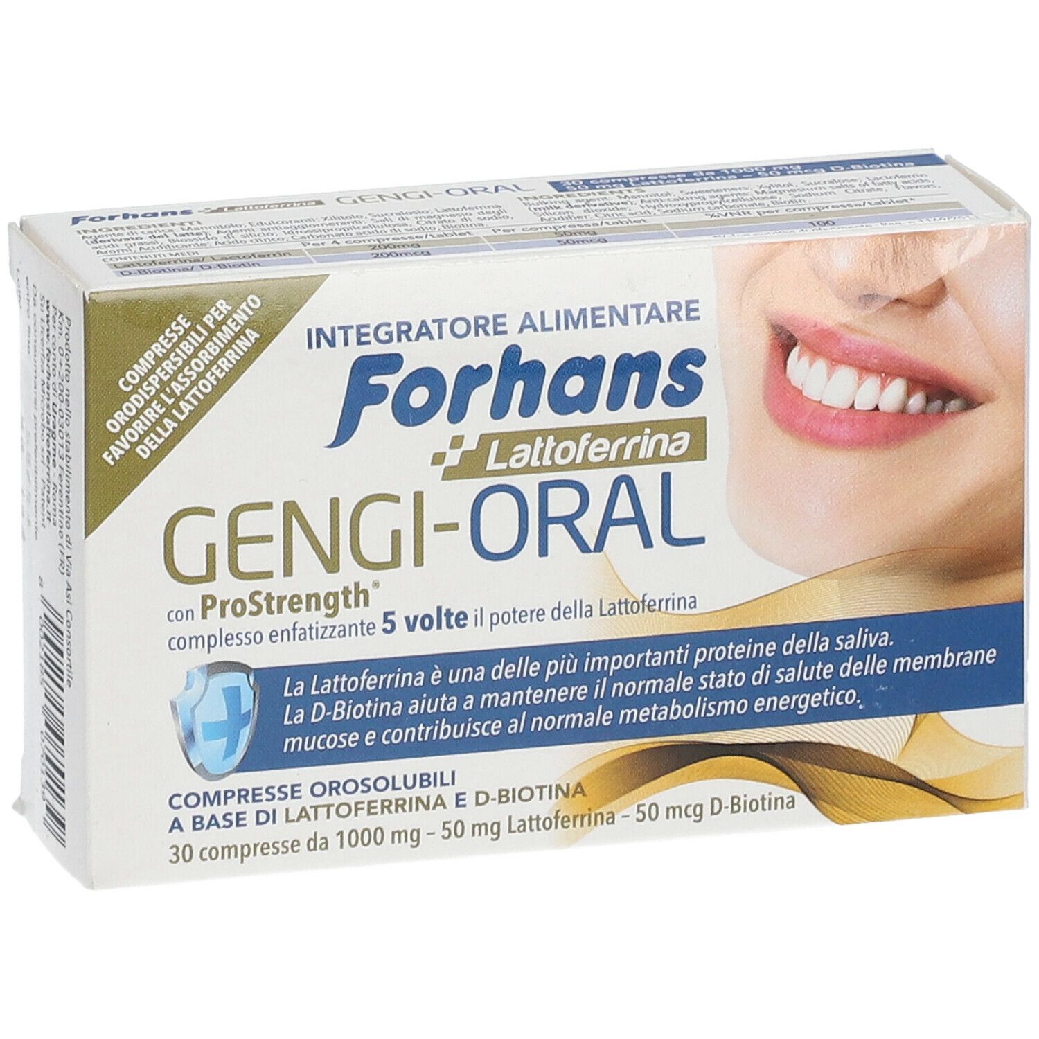 Scatola di compresse Forhans Gengi-Oral. Scritto: Lattoferrina, ProStrength, 30 compresse. Immagine di un sorriso.
