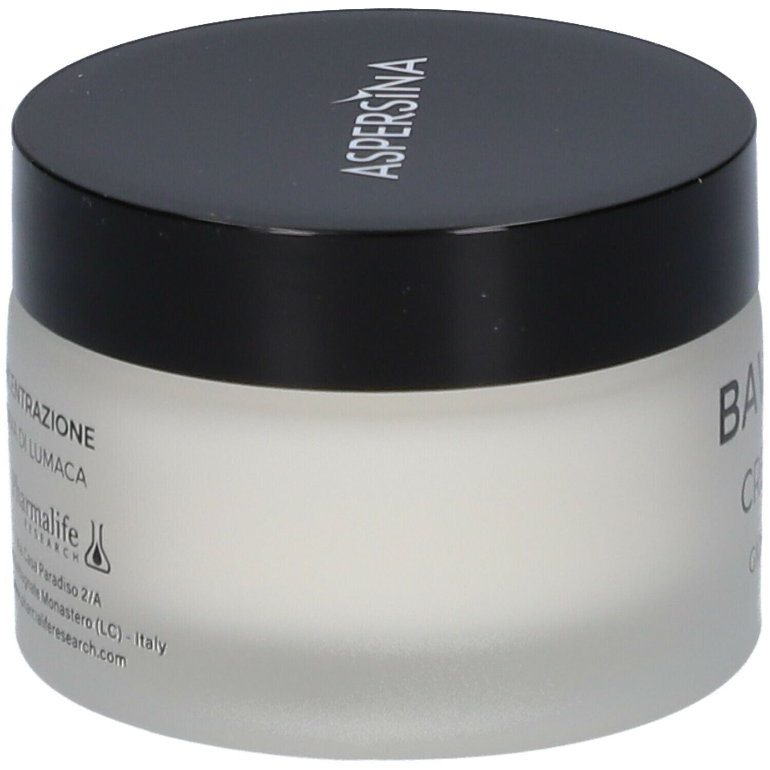 Vaso di crema con coperchio nero. Scritta: Aspersina. Sul lato: Bava Pure Crema Viso.