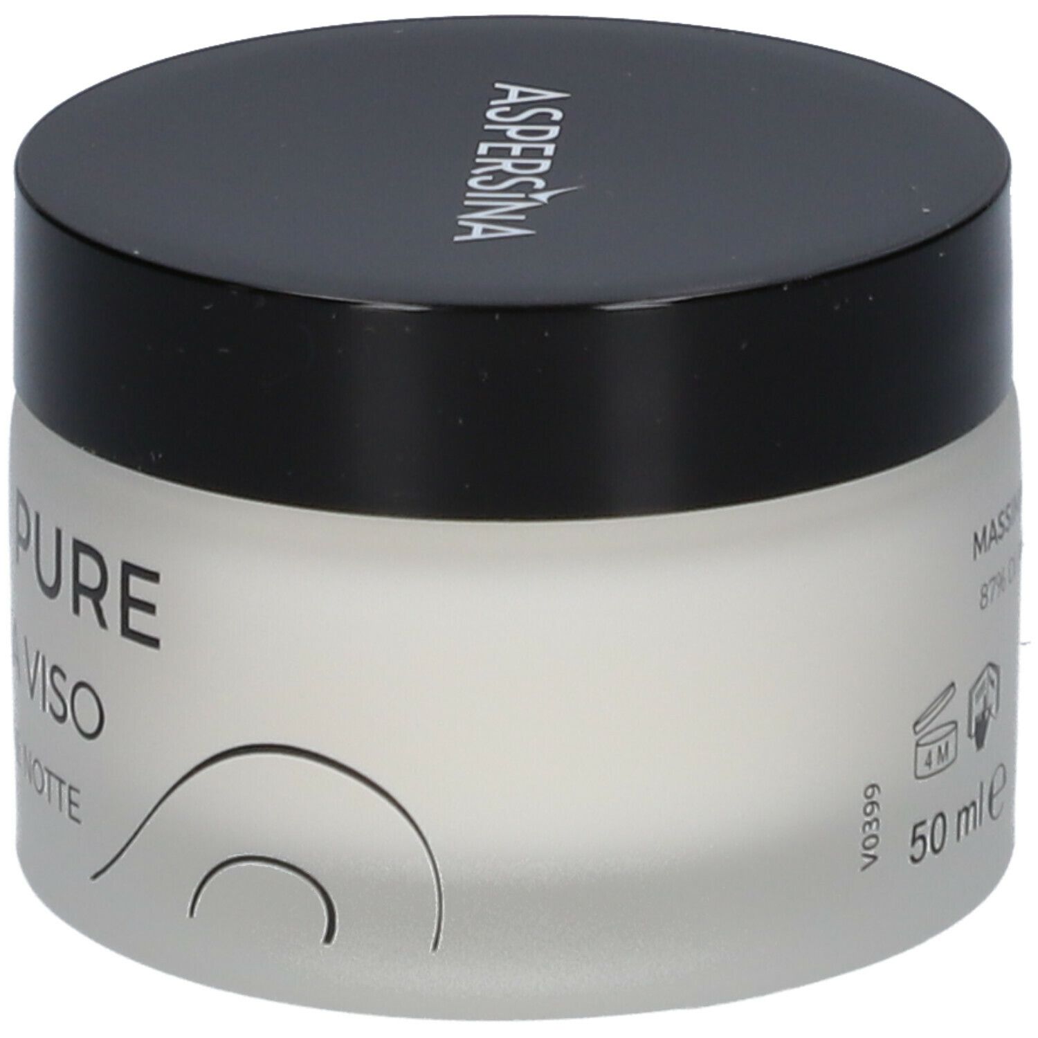 Vaso di crema con coperchio nero. Scritta: Aspersina. Sul lato: Bava Pure Crema Viso.