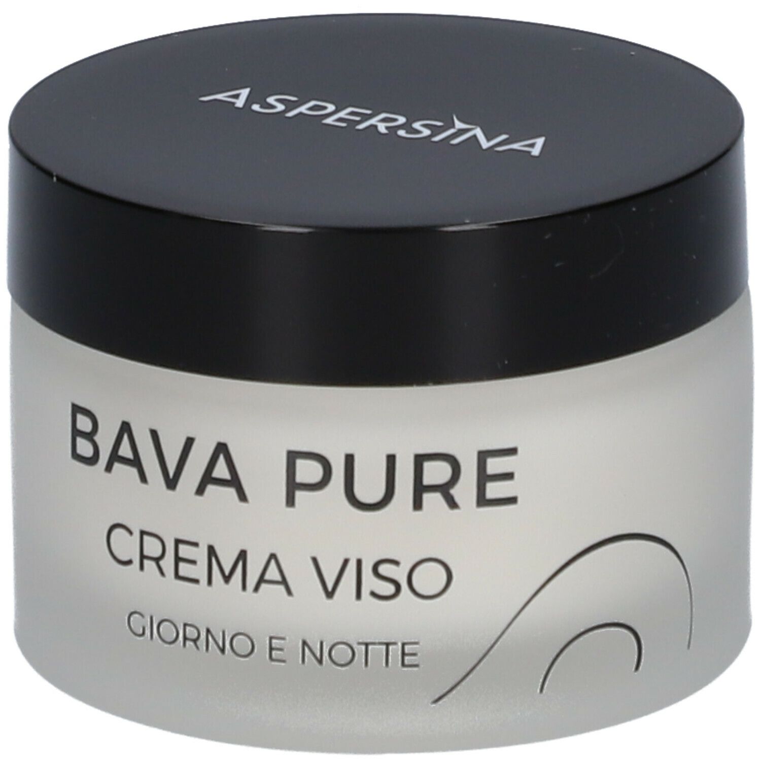 Vaso di crema con coperchio nero. Scritta: Aspersina. Sul lato: Bava Pure Crema Viso.