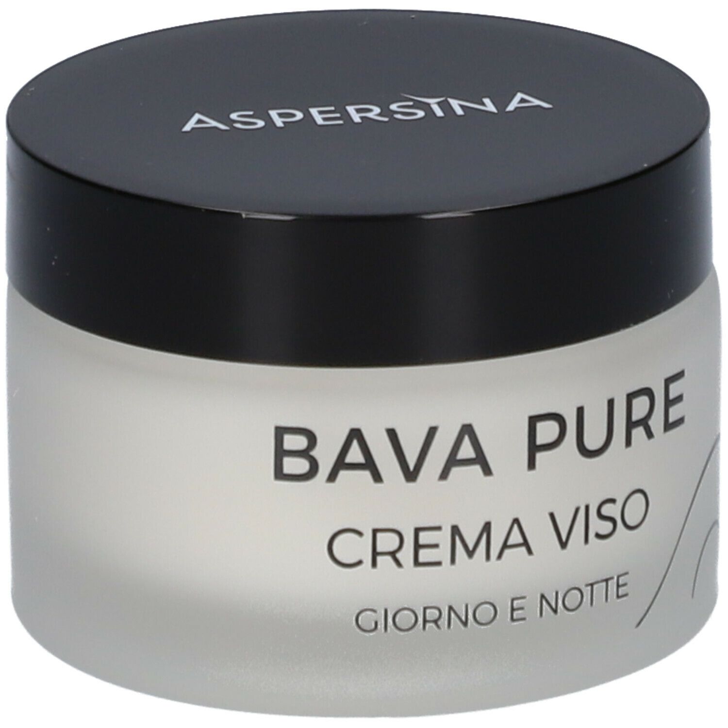 Vaso di crema con coperchio nero. Scritta: Aspersina. Sul lato: Bava Pure Crema Viso.