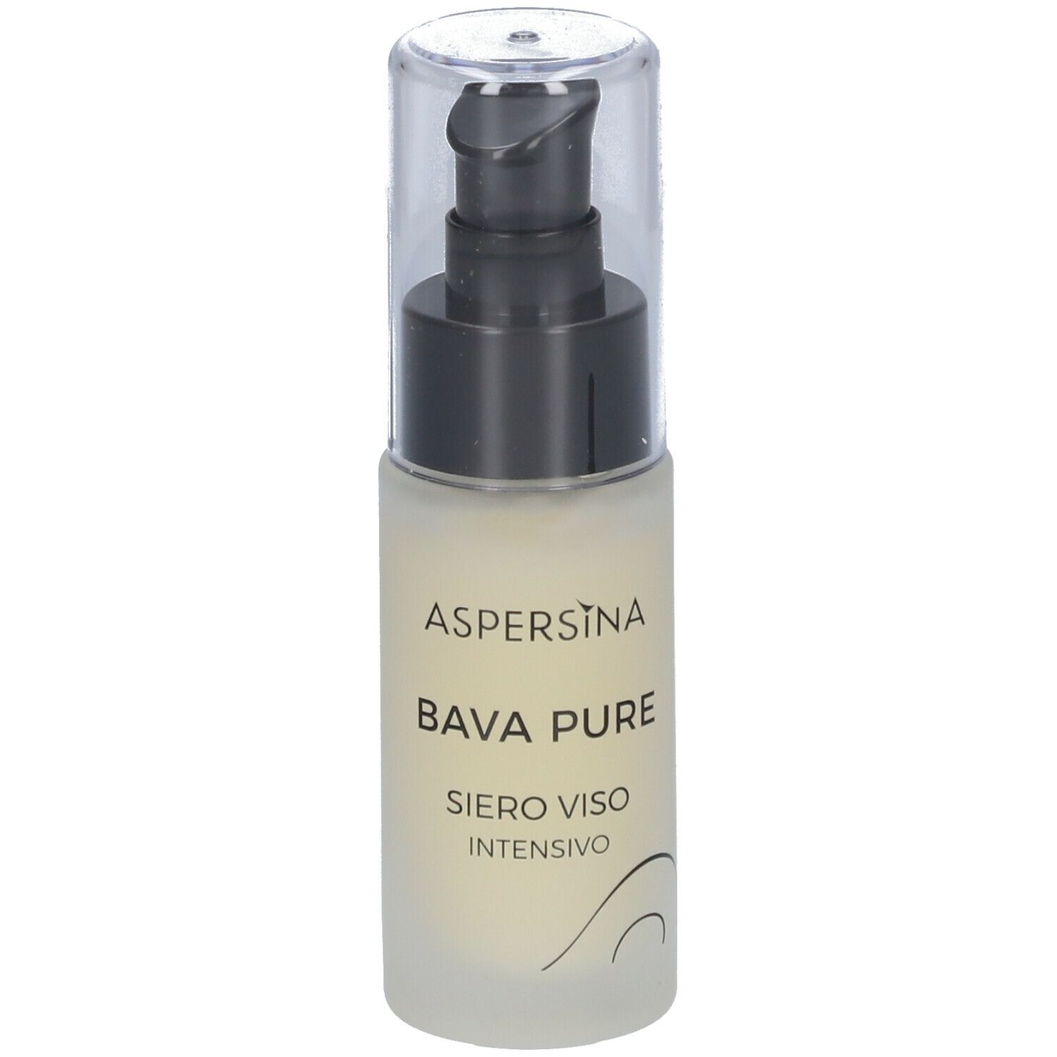 Flacone cilindrico trasparente con pompetta nera e tappo trasparente. Scritta: Aspersina Bava Pure Siero Viso Intensivo.