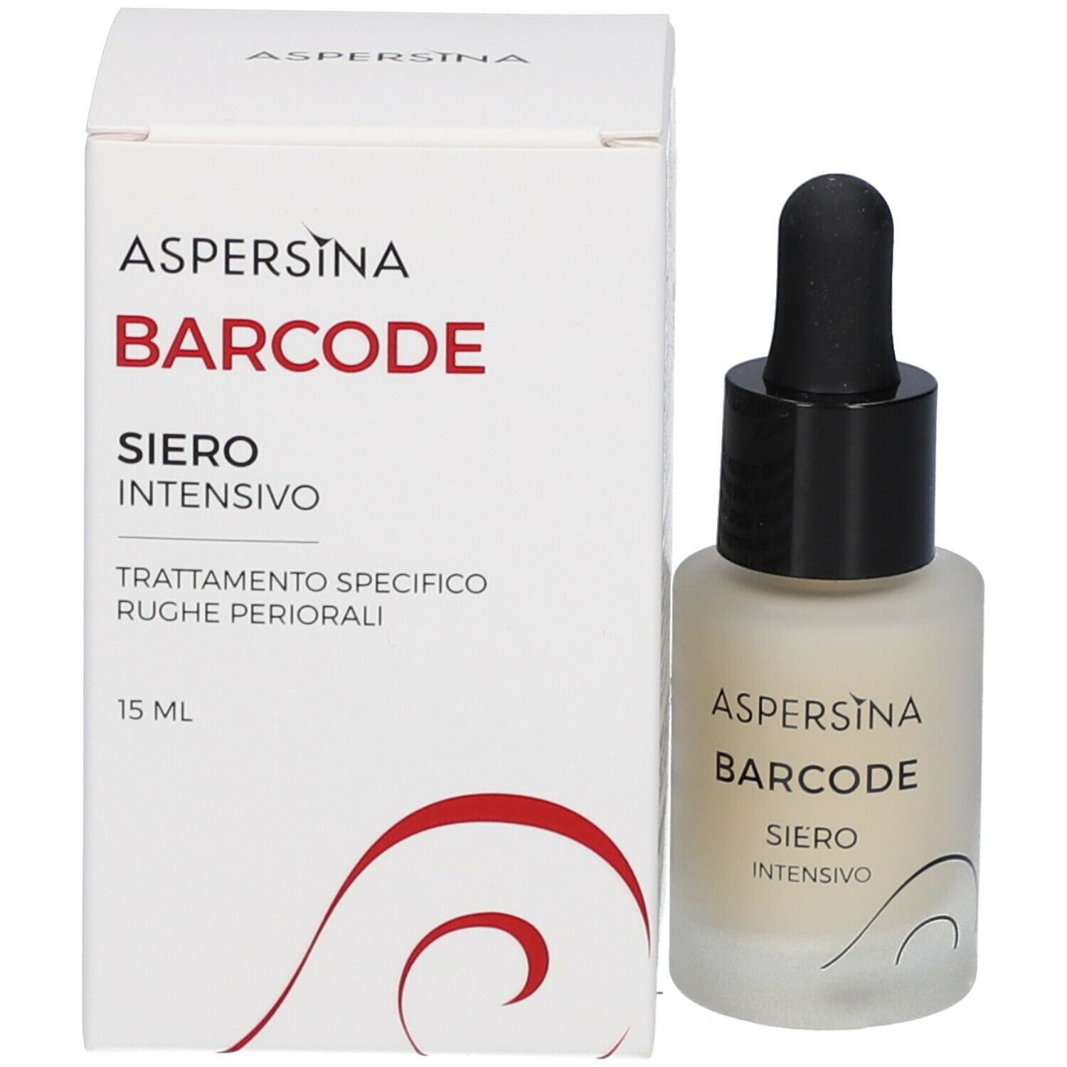 Confezione e flacone con tappo nero e contagocce. Scritta: ASPERSINA BARCODE SIERO INTENSIVO.