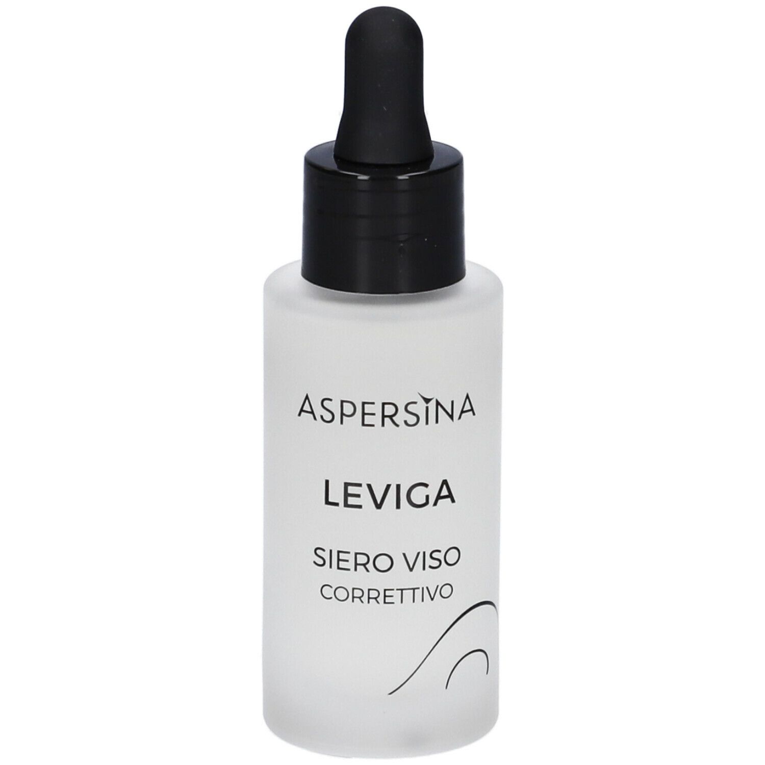 Flacone con tappo nero e contagocce. Scritta: Aspersina Leviga Siero Viso Correttivo.