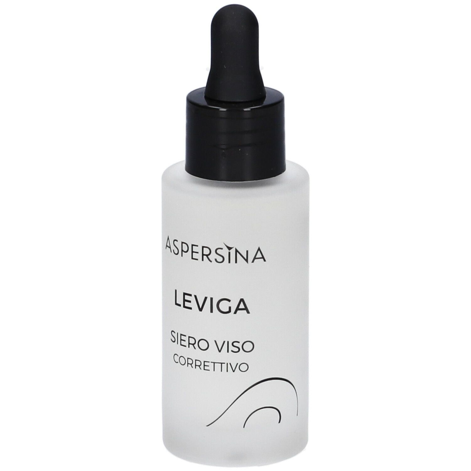 Flacone con tappo nero e contagocce. Scritta: Aspersina Leviga Siero Viso Correttivo.