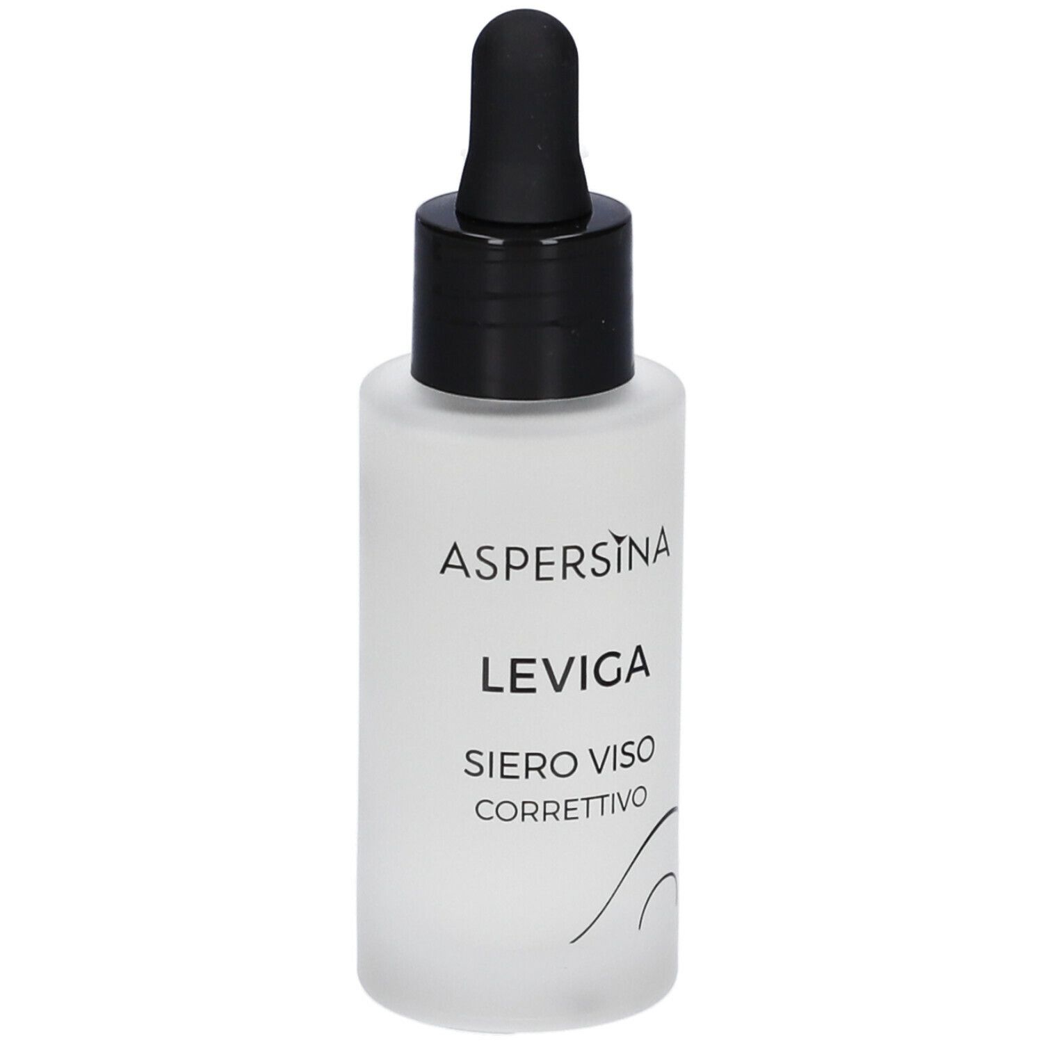 Flacone con tappo nero e contagocce. Scritta: Aspersina Leviga Siero Viso Correttivo.