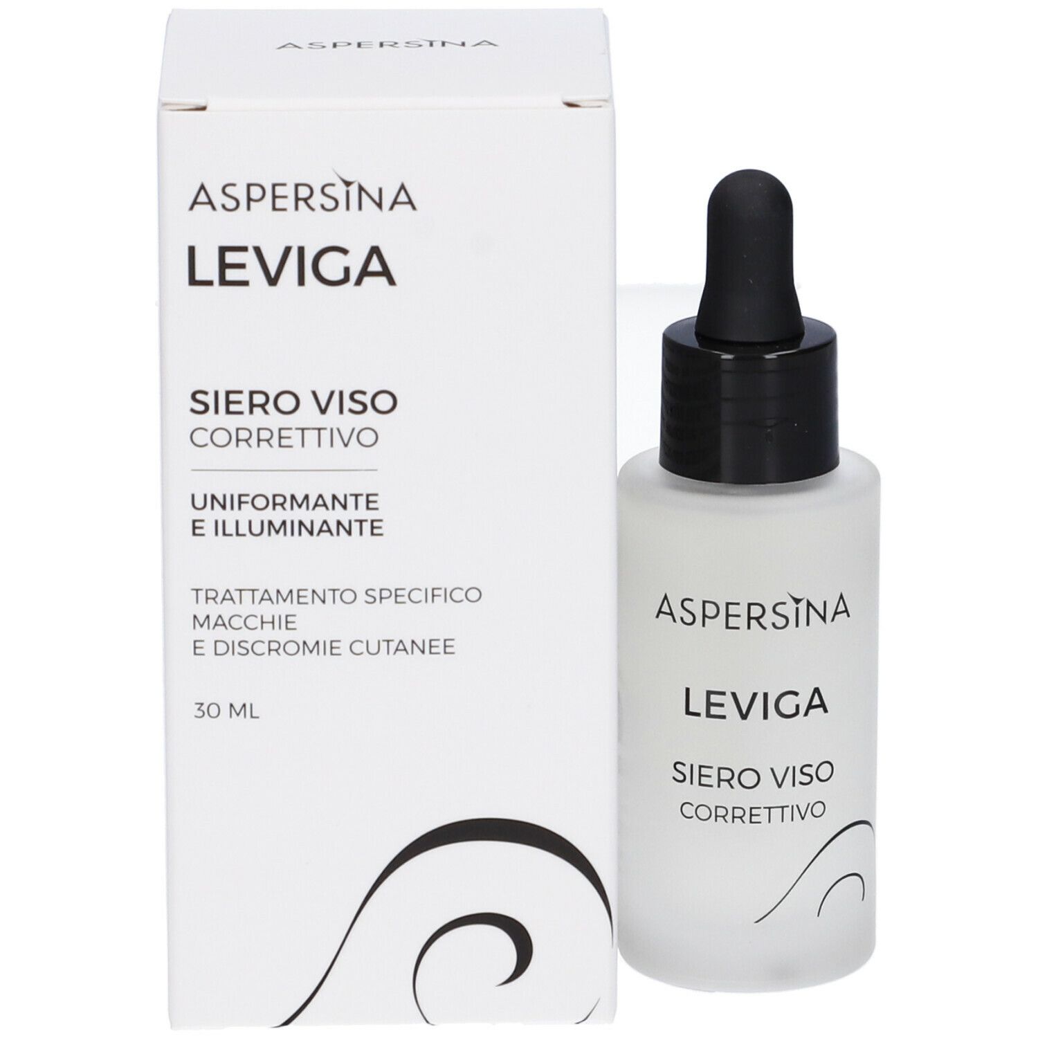 Flacone e confezione del prodotto. Scritta: Aspersina Leviga Siero Viso Correttivo. 30 ml.