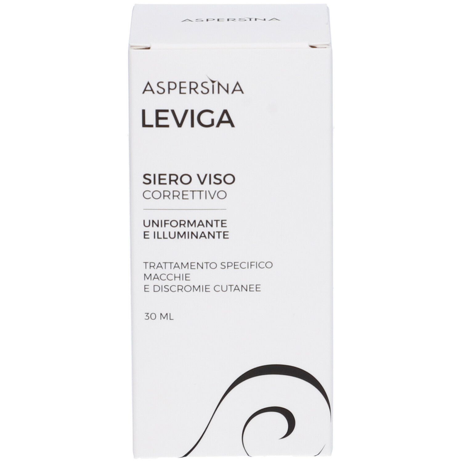 Confezione del prodotto. Scritta: Aspersina Leviga Siero Viso Correttivo. 30 ml.