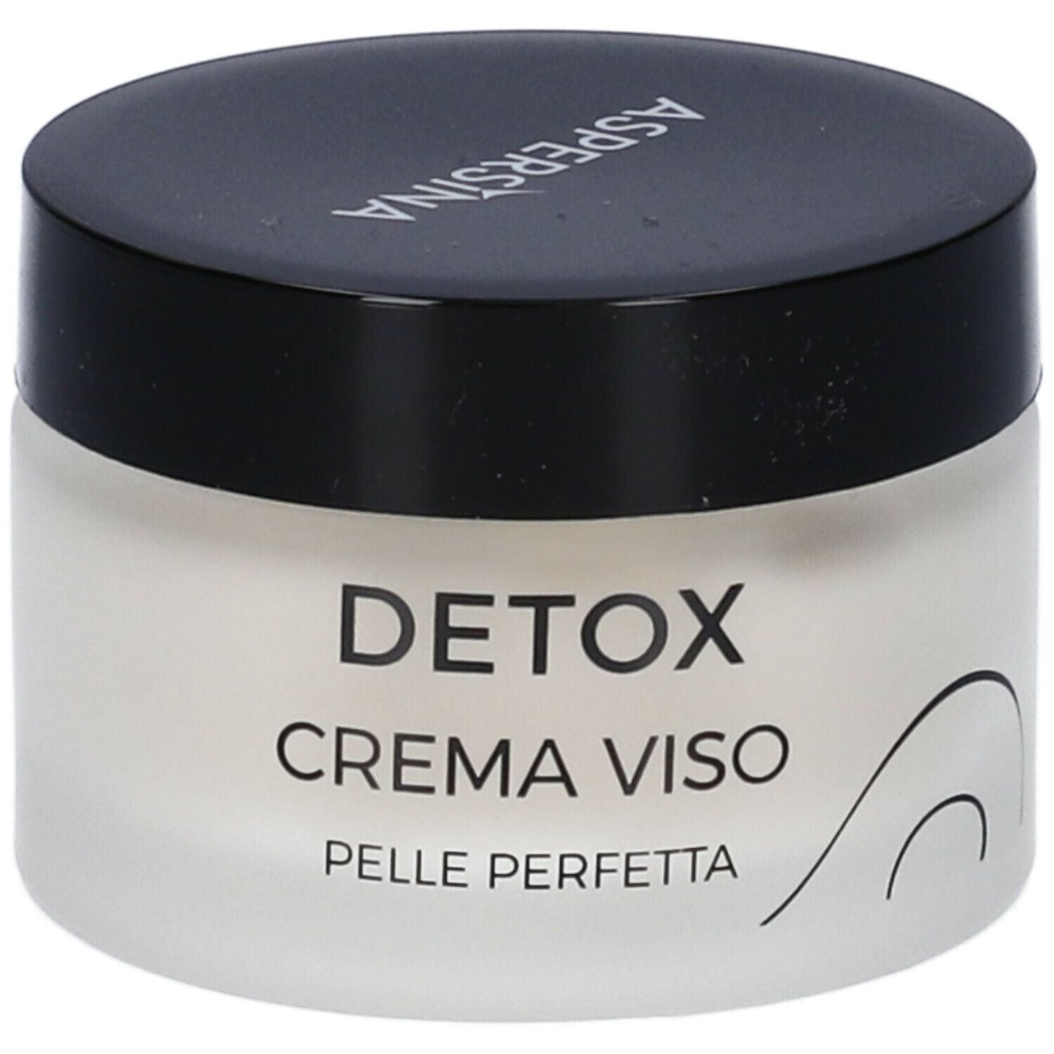 Vaso di crema con coperchio nero. Scritta: Aspersina, Detox, Crema Viso, Pelle Perfetta.