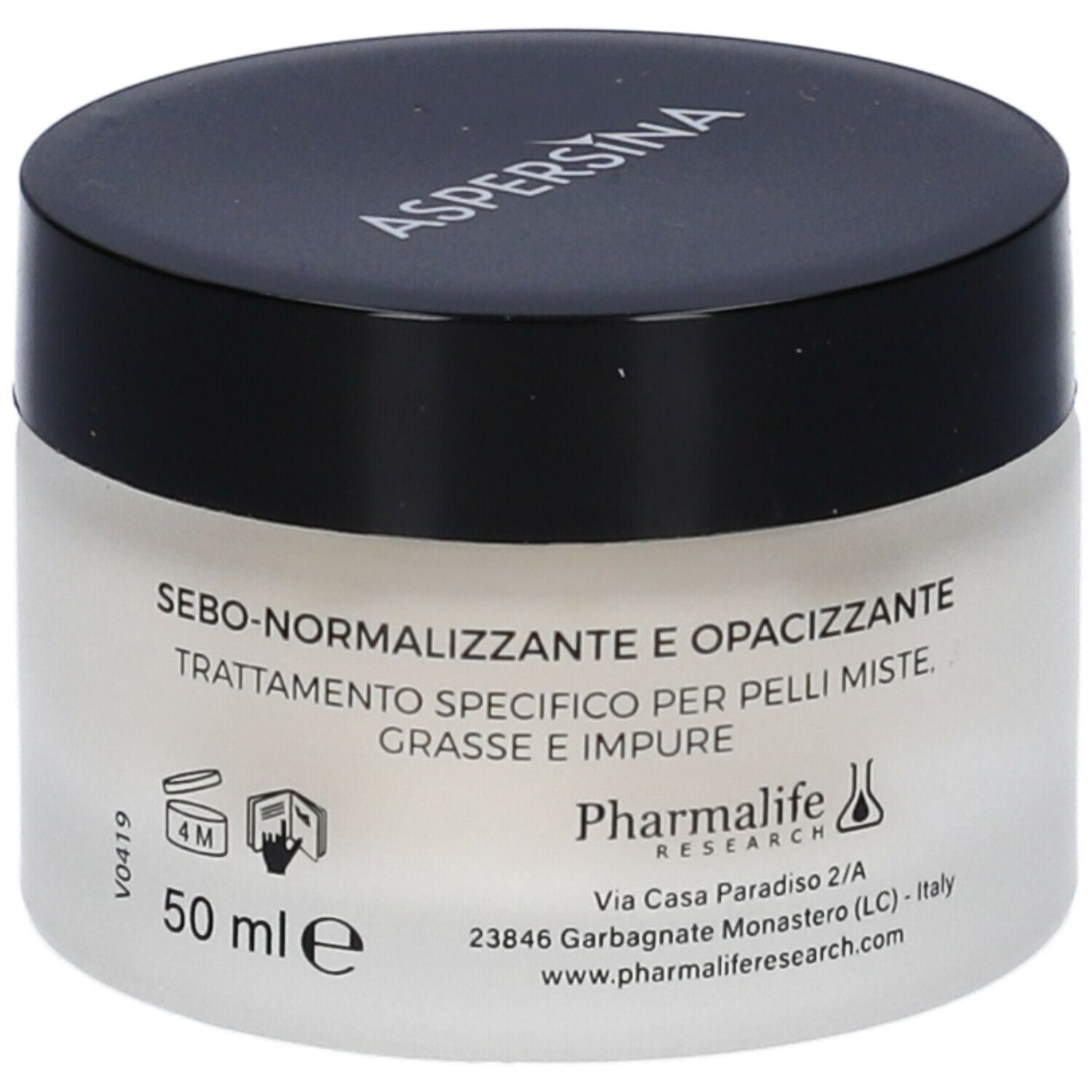 Vaso di crema con coperchio nero. Scritta: Aspersina. Testo e loghi sul vaso.