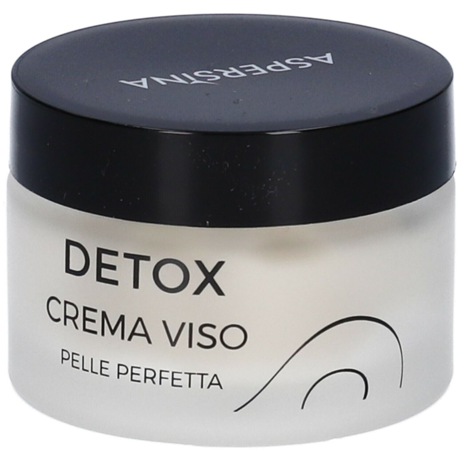 Vaso di crema con coperchio nero. Scritta: Aspersina, Detox, Crema Viso, Pelle Perfetta.