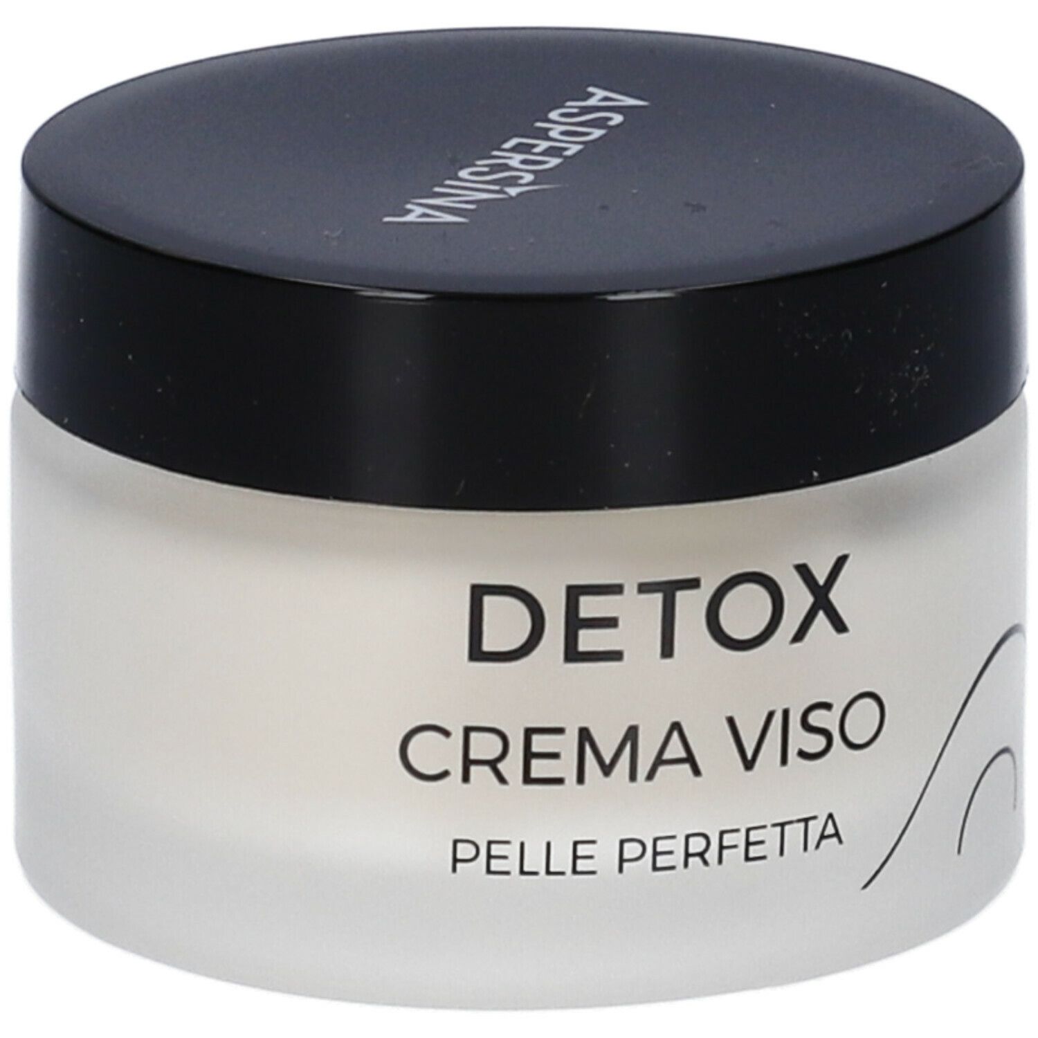 Vaso di crema con coperchio nero. Scritta: Aspersina, Detox, Crema Viso, Pelle Perfetta.