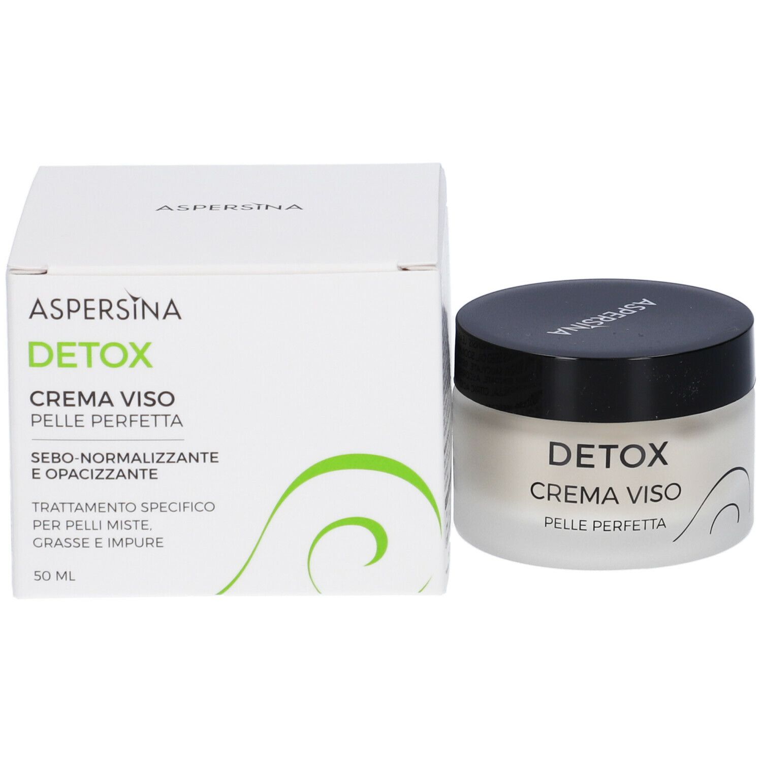 Vaso di crema e confezione. Scritta: Aspersina, Detox, Crema Viso, Pelle Perfetta. 50 ml.
