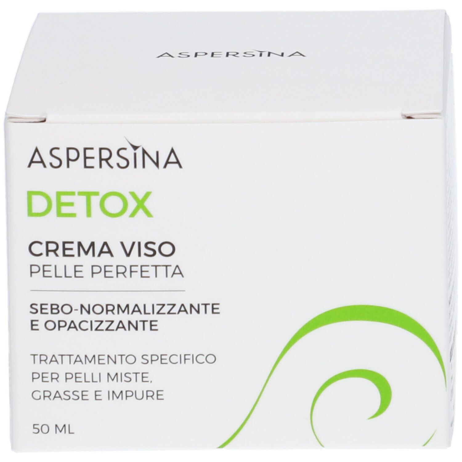 Confezione con scritta: Aspersina, Detox, Crema Viso, Pelle Perfetta. 50 ml.