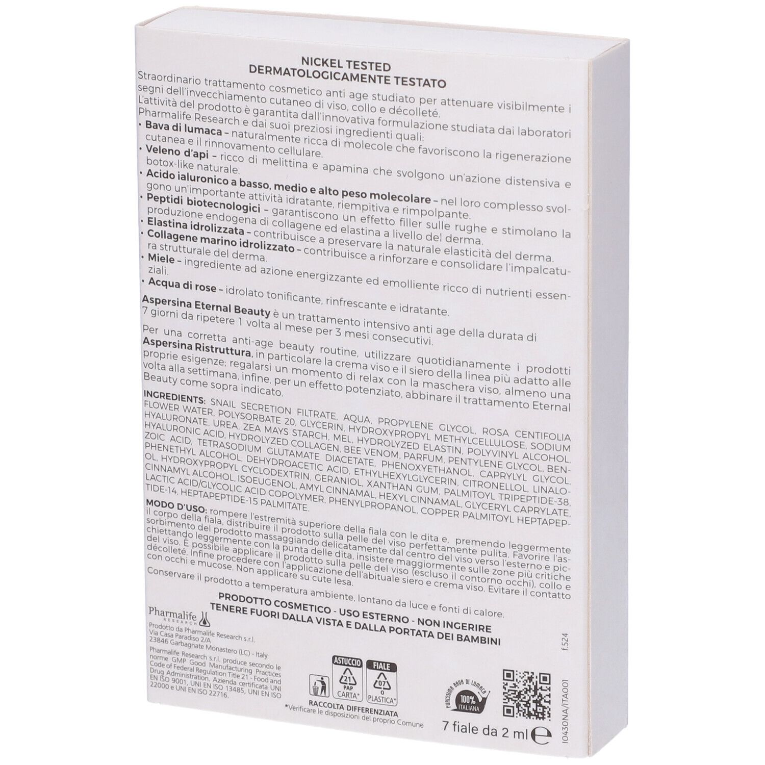 Scatola bianca con testo. "Nickel Tested". Retro con ingredienti e informazioni. 7 fiale da 2 ml.