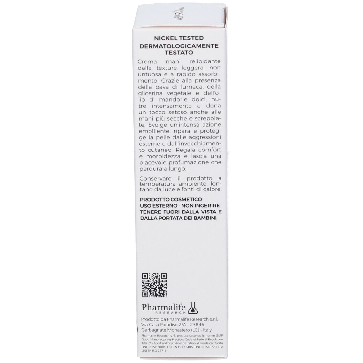 Rückseite der weißen Schachtel. Text: Nickel getestet. Produktbeschreibung. Herstellerinformationen.