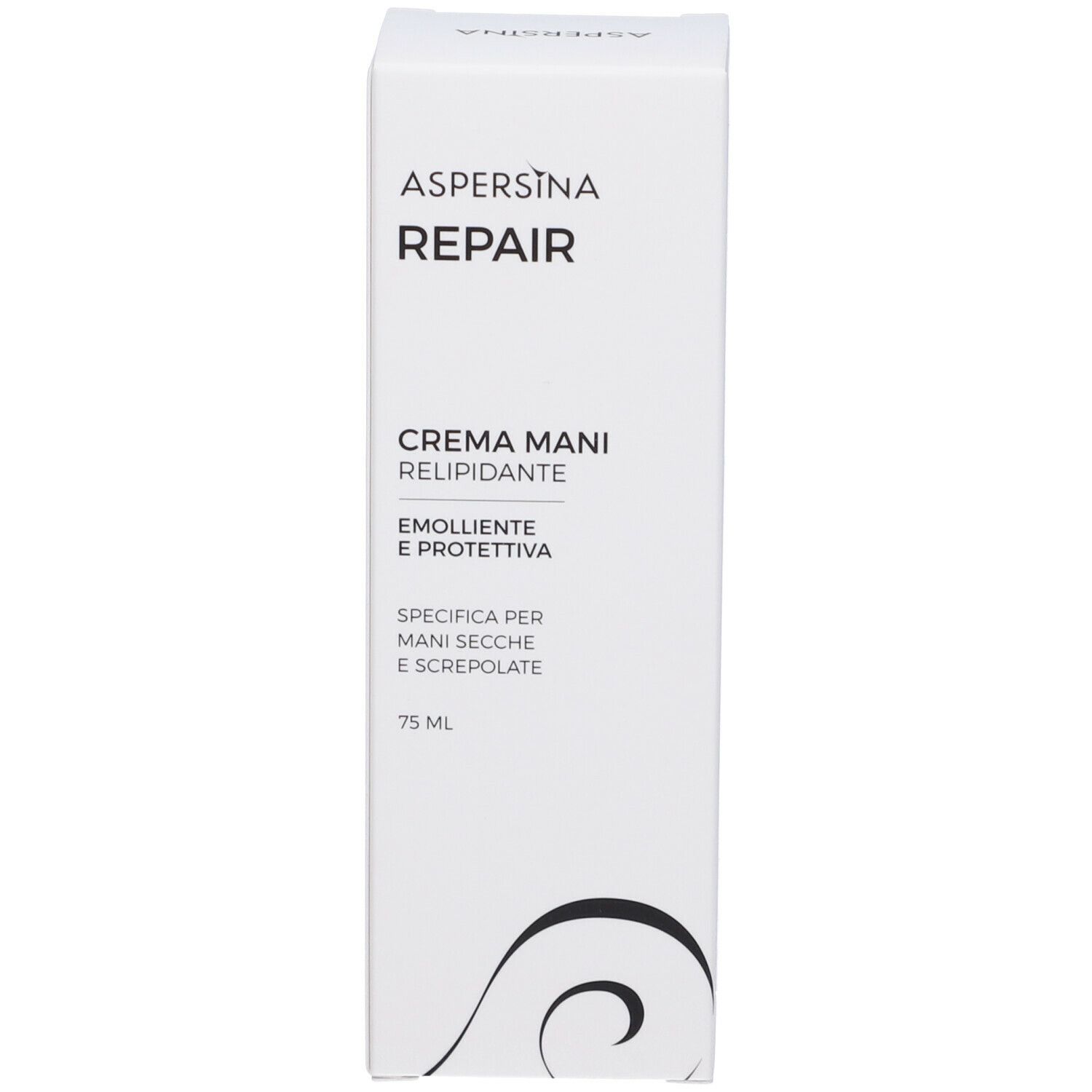 Weiße Schachtel. Aufschrift: Aspersina Repair, Creme Mani Relipidante. 75 ml.