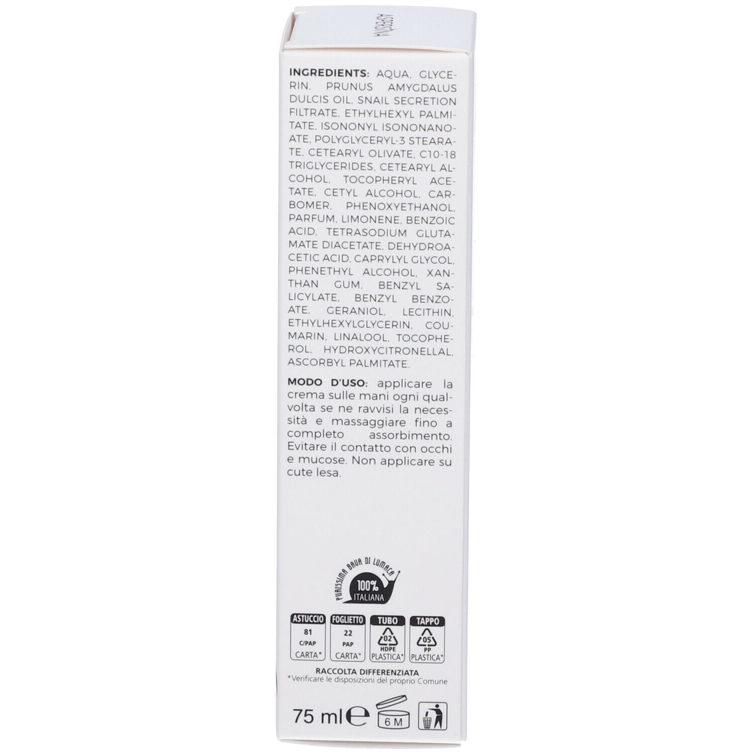Rückseite der weißen Schachtel. Inhaltsstoffe, Gebrauchsanweisung, Herstellerinformationen. 75 ml.